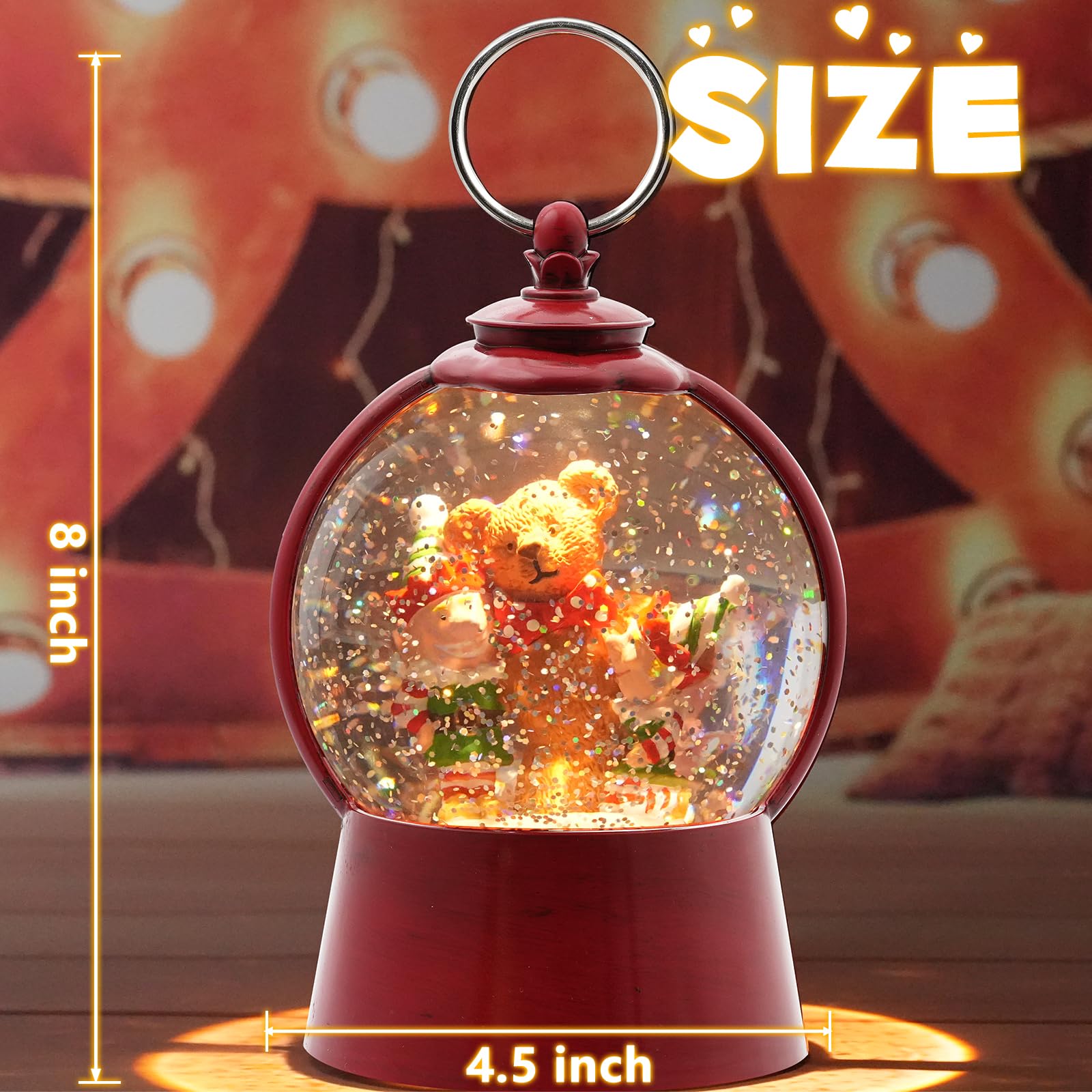 Christmas Snow Globe Lantern with Swirling Glitter - USB/Battery Powered Musical Holiday Decor with 6-Hour Timer - Perfect for Home, Office, Party & Gift Giving - Features Festive Elf & Bear Design