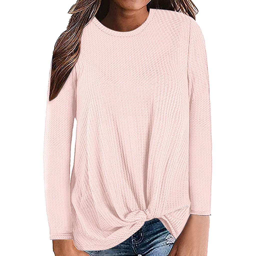 Oversized Women's Shirts - Casual Round Neck Long Sleeve Blouse with Twist Knot Detail | Waffle Knit Cute Tops for Everyday Wear | Perfect for Work, Date Night & Weekend Outfits