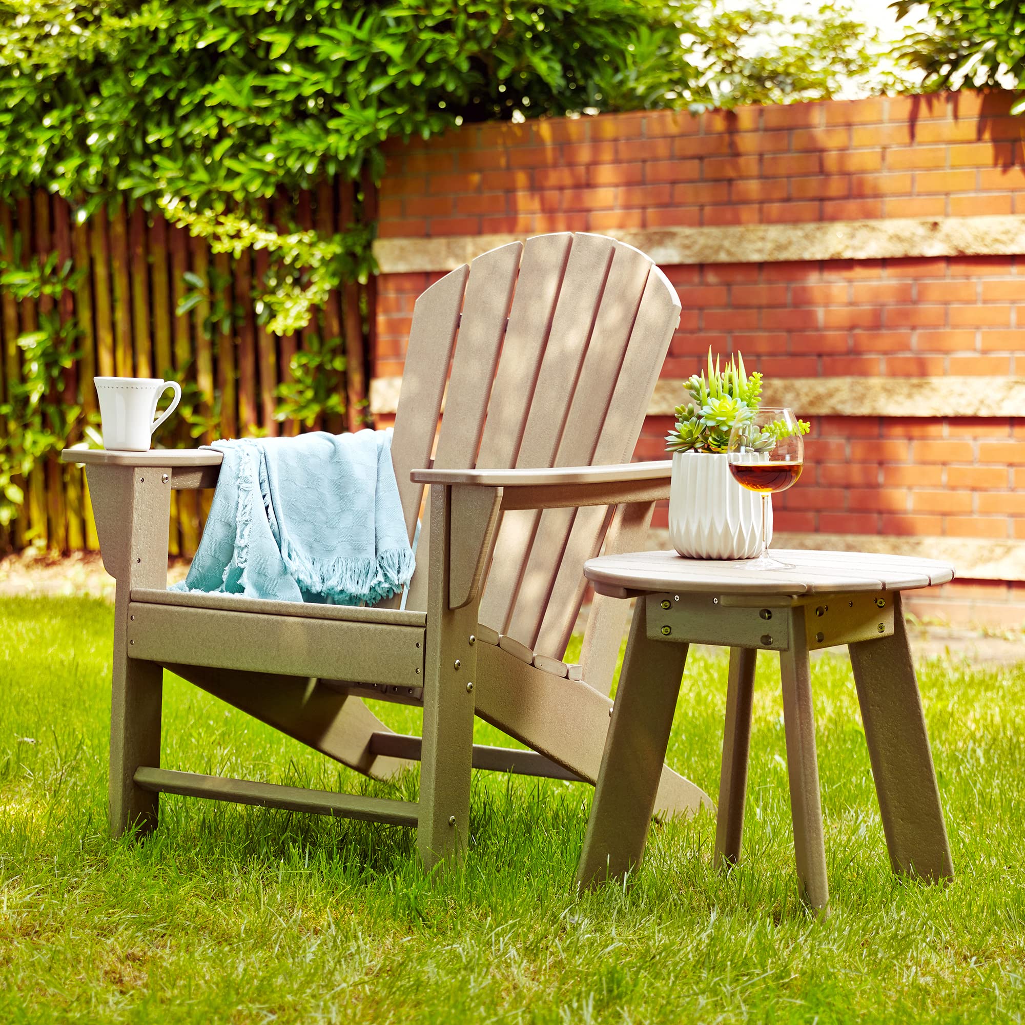 Weather-Resistant HDPE Round Adirondack Outdoor Side Table - Tan Patio Furniture for Garden, Deck, Poolside & Backyard Relaxation