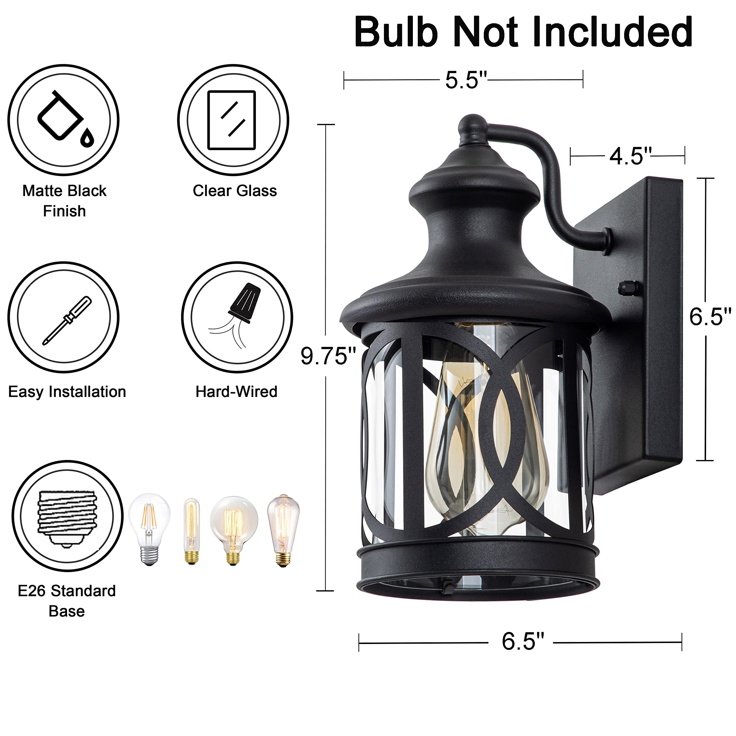 2-Pack Black Outdoor Wall Lights - Waterproof Porch Light Fixtures with Clear Glass Shade for House, Garage, Patio, Front Door & Balcony | Durable Exterior Wall Sconces for Home Security & Curb Appeal