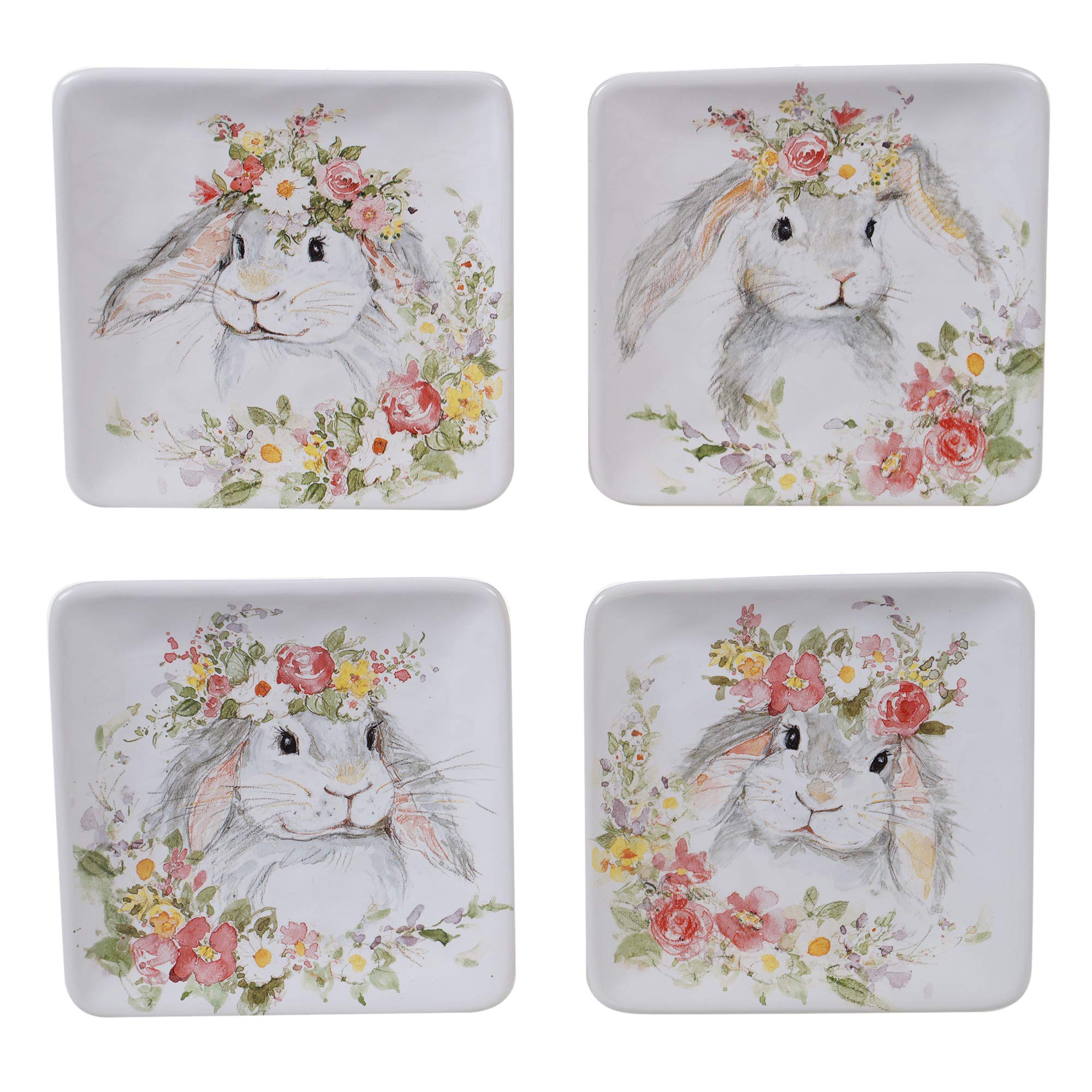 Certified International Sweet Bunny 6-Inch Canape and Snack Plates - Set of 4 Assorted Multicolored Designs - Perfect for Easter Parties, Baby Showers, and Tea Time Snacks