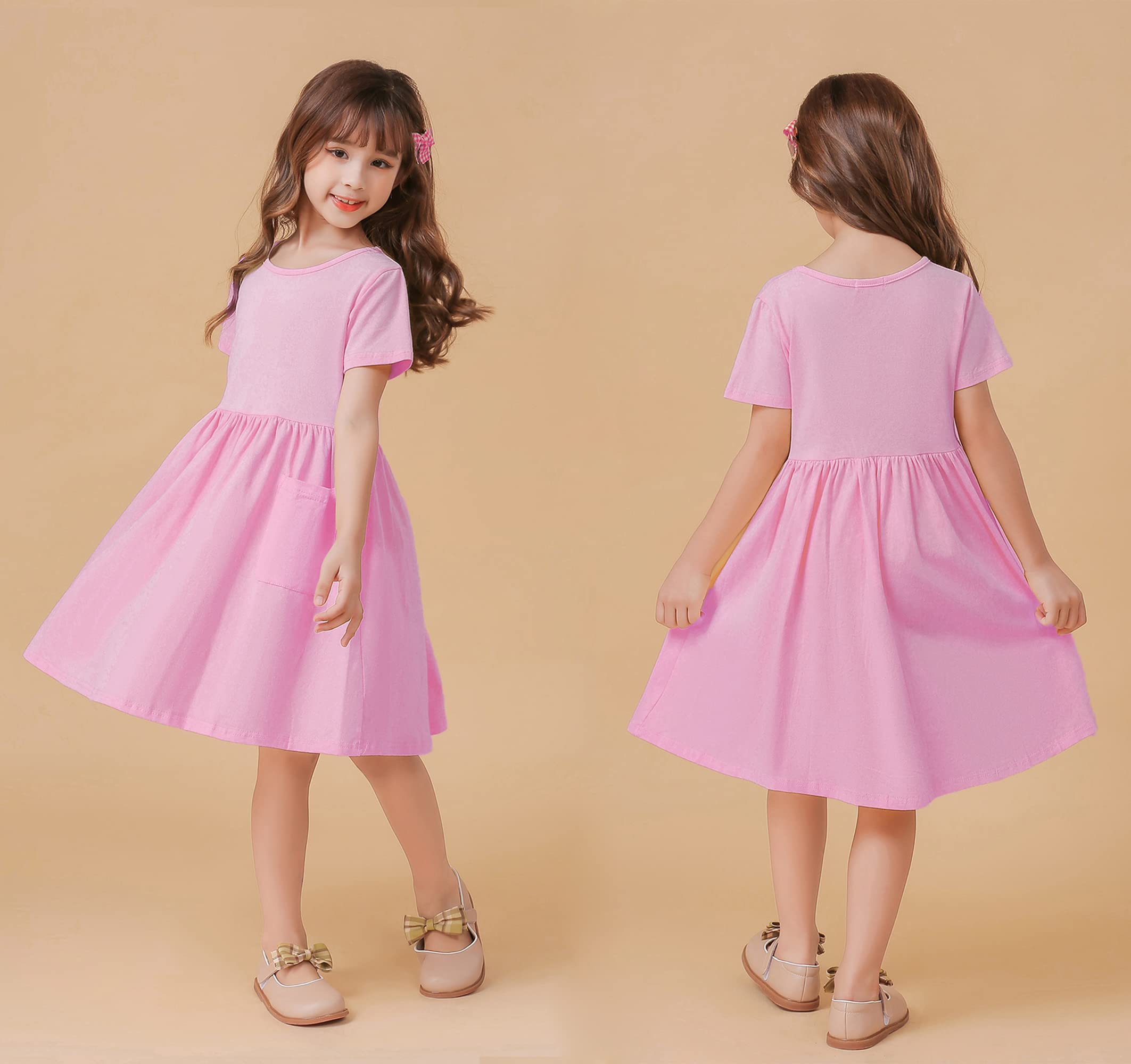 Girls' Short Sleeve Solid Color Casual A-Line Pleated Dress with Pockets - Perfect for School, Playdates & Summer Outfits