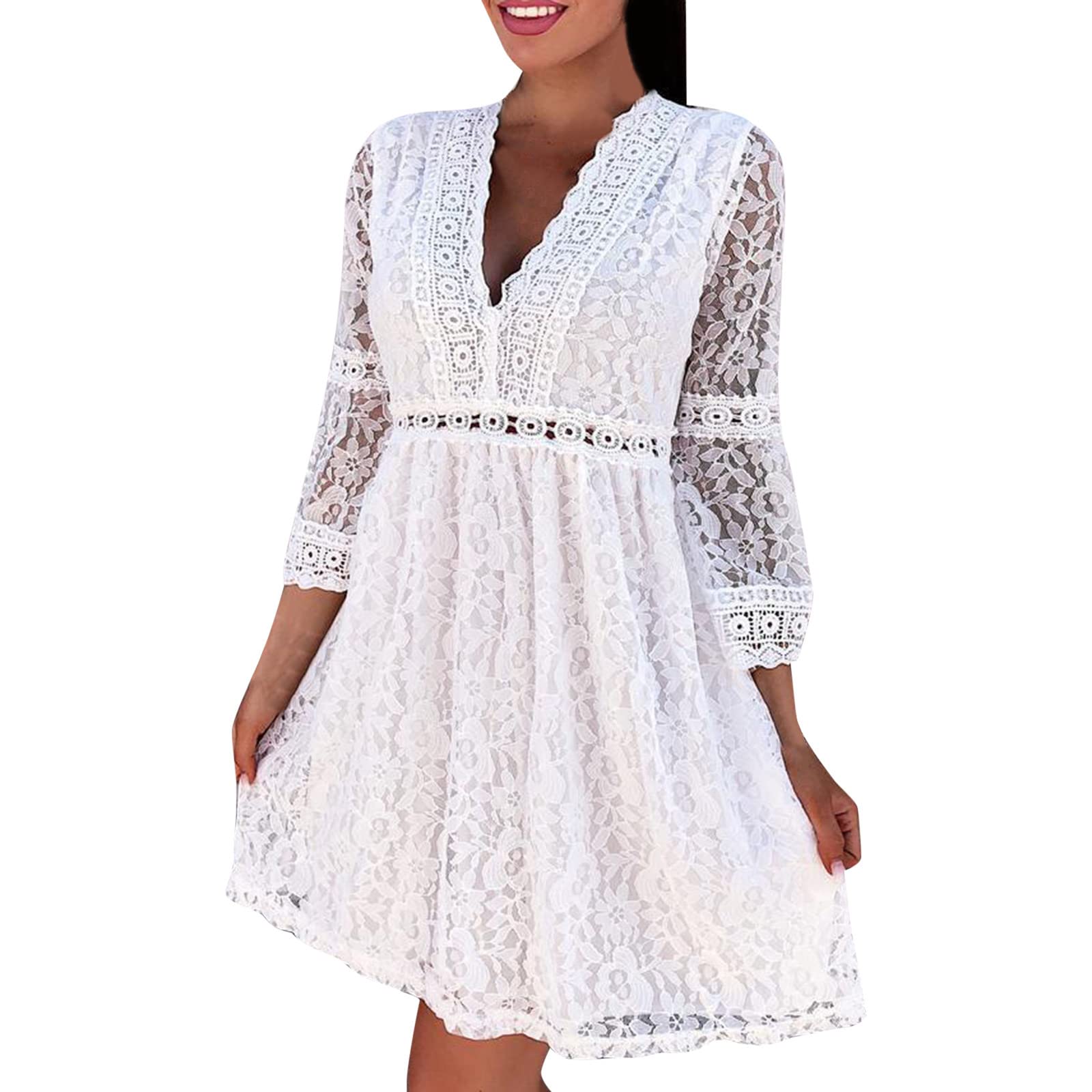 MILAX 2023 Women's Floral Lace Trumpet Sleeve Dress - Sexy Summer Casual Three-Quarter Sleeve Loose Fit Maxi Dress for Beach Party, Date Night & Vacation Outfits