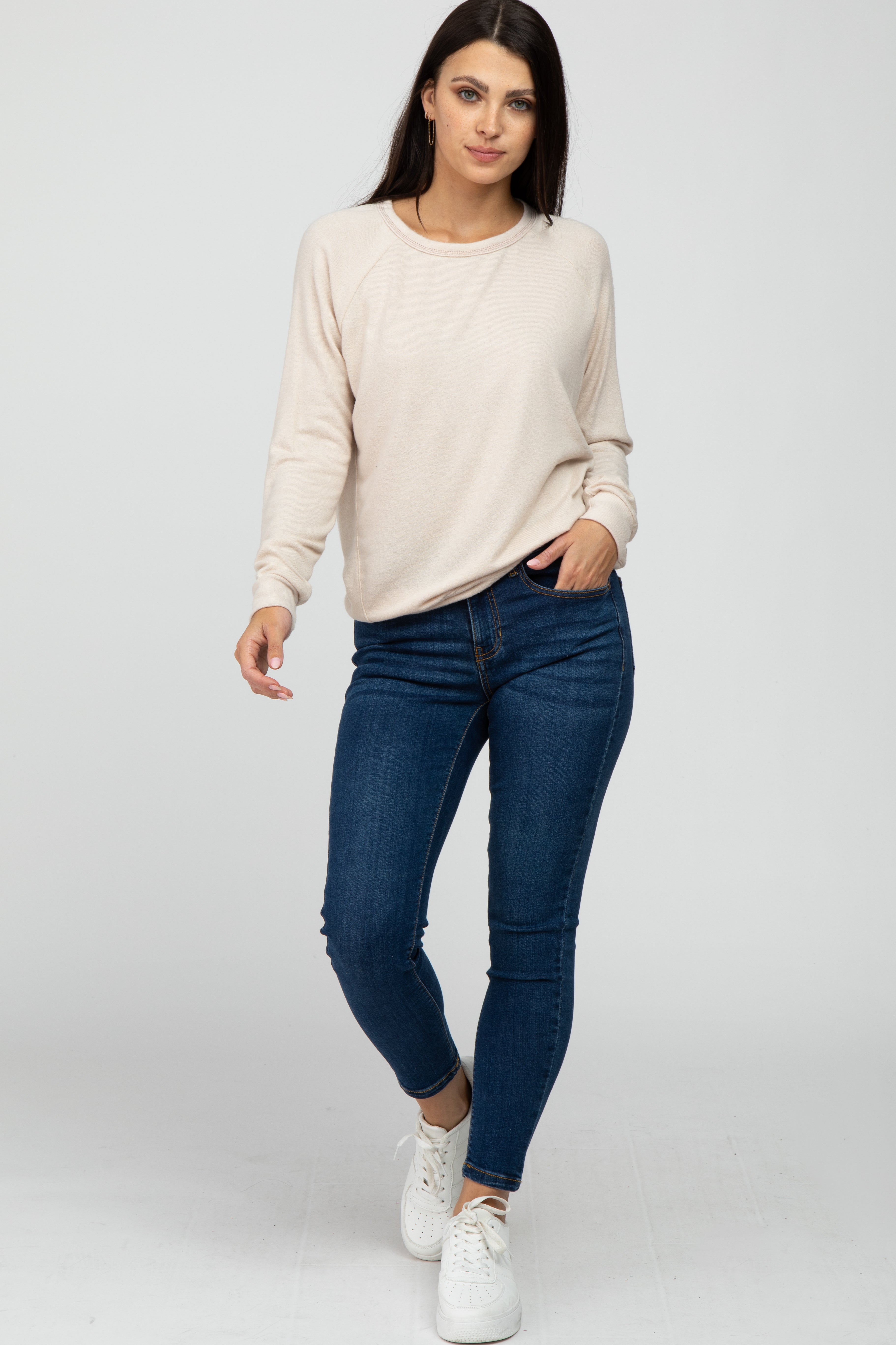 Soft Beige Brushed Long Sleeve Raglan Top for Women - Comfortable Casual Shirt for Everyday Wear, Layering & Fall Outfits
