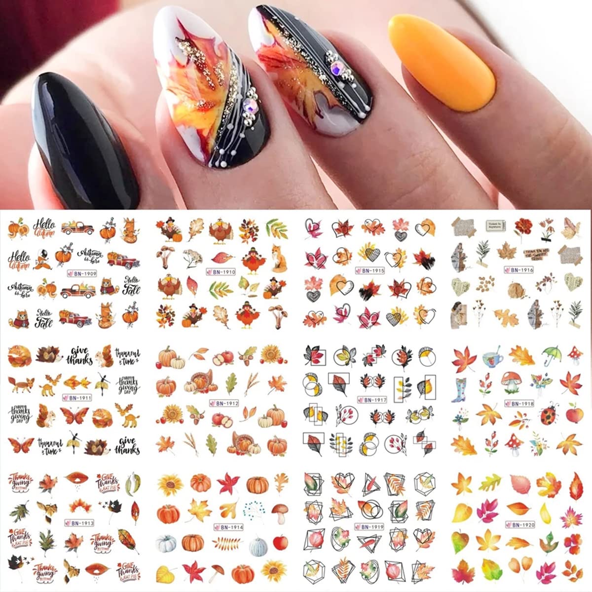 Autumn Maple Leaf Nail Stickers - 12PCS Fall Nail Art Water Decals with Pumpkins & Turkey Designs for Thanksgiving | DIY Manicure Supplies for Women | Perfect for Holiday Parties, Home Manicures & Seasonal Nail Decor