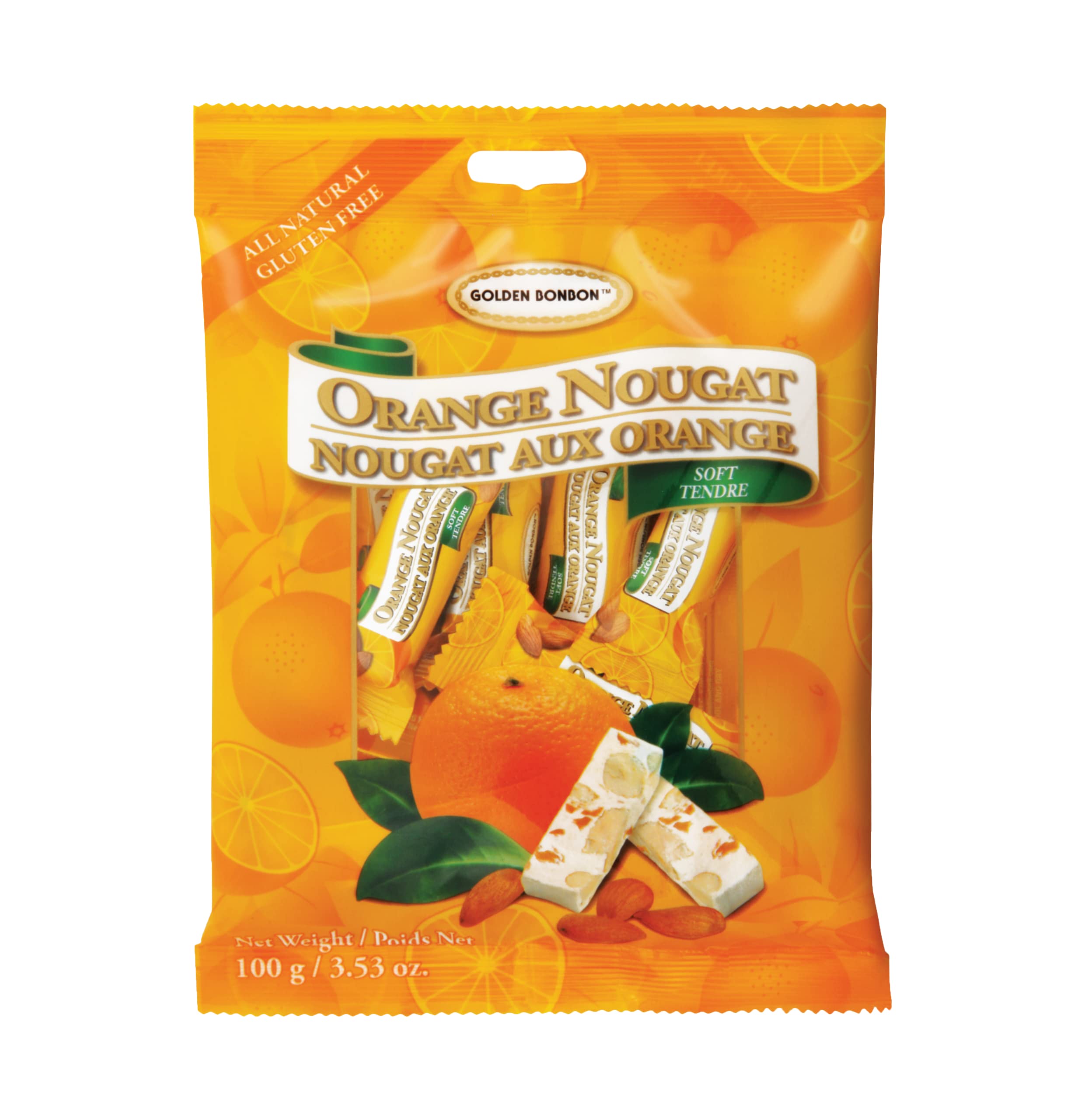 Premium Italian Golden Bonbon Soft Orange Almond Nougat Candy - Individually Wrapped, Gluten Free, Halal Certified, Rich in Almonds (3.53oz Pack of 1) - Perfect for Gifts, Parties & Dessert Tables