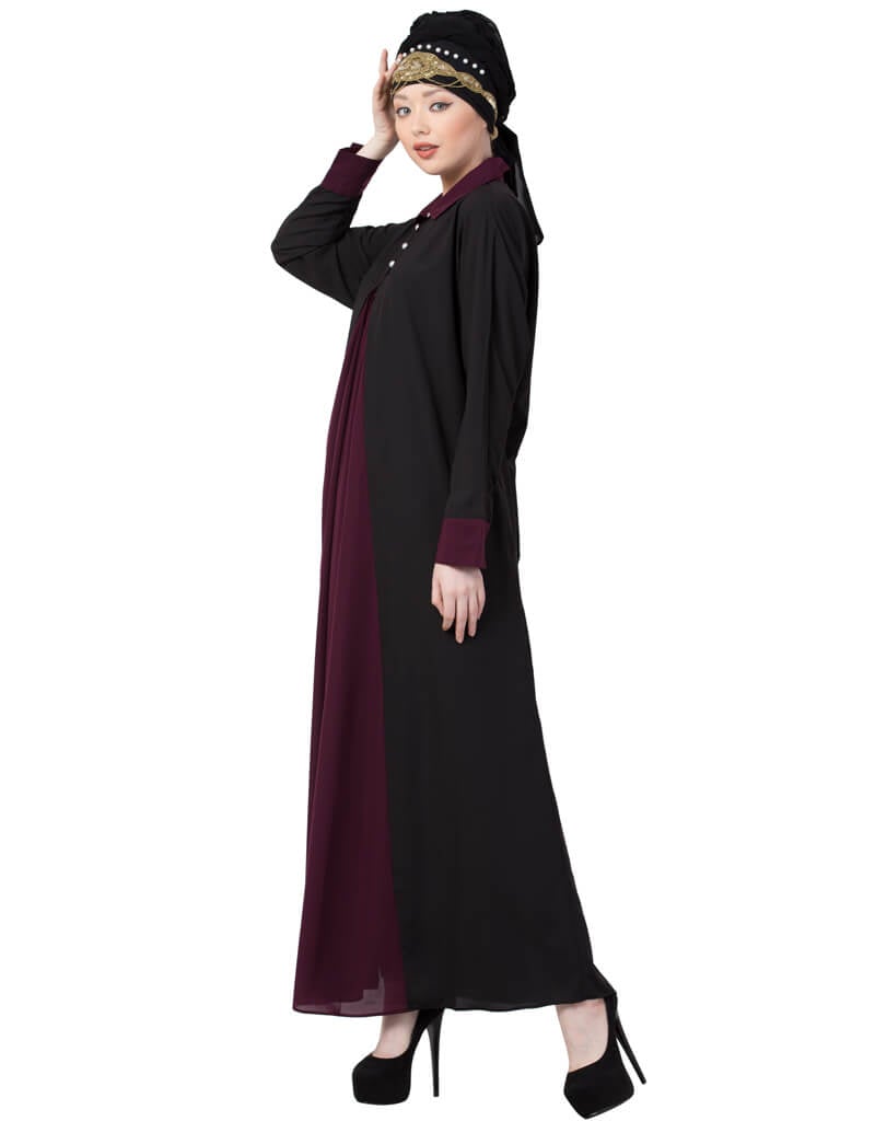 Elegant Arabic Contrast Yoke Black Wine Casual Abaya Dress - Perfect for Daily Wear, Prayer & Special Occasions