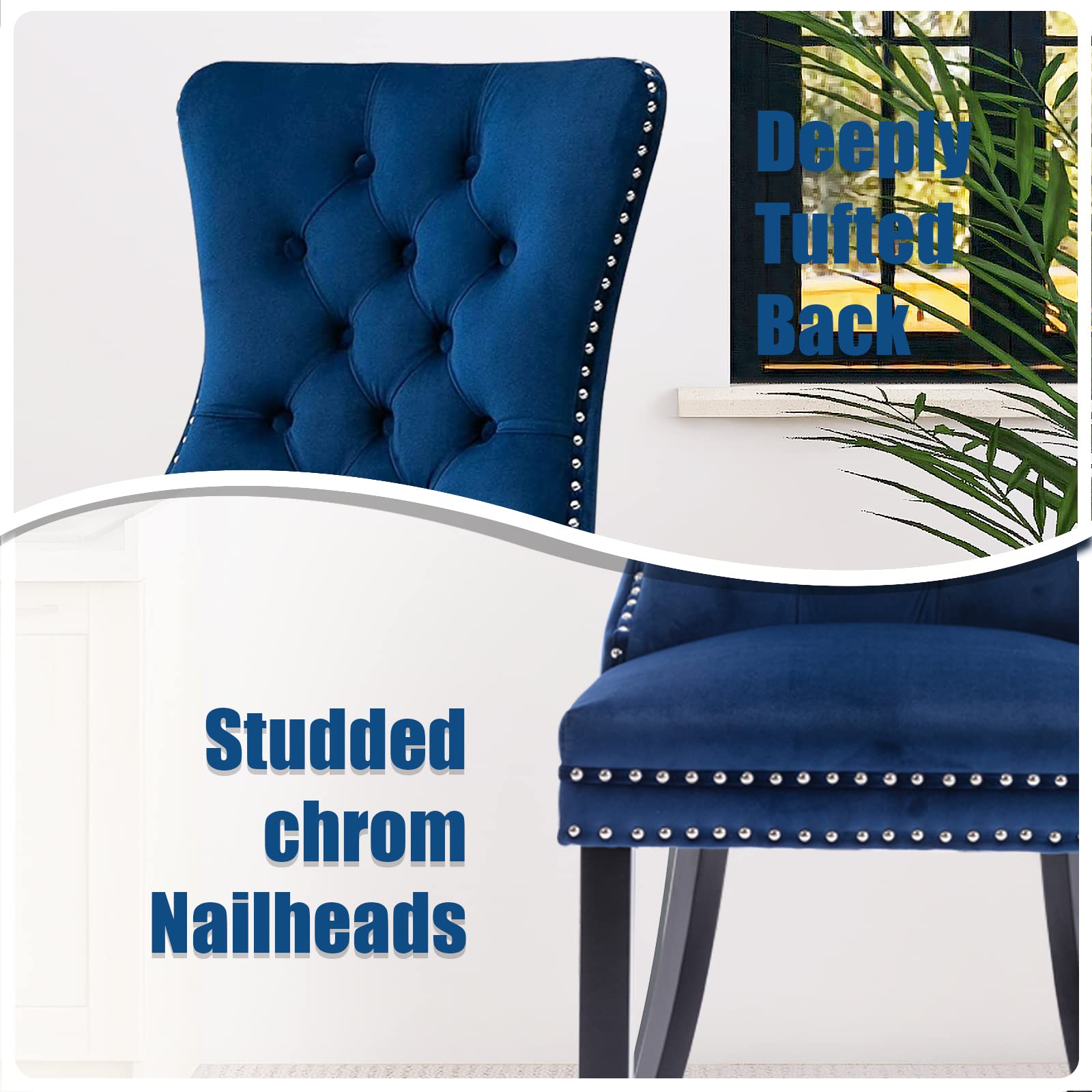 SoarFlash 6-Piece Velvet Dining Chairs Set - Modern Upholstered High Back Tufted Side Chairs with Button Back Ring & Solid Wood Legs, Blue - Perfect for Dining Room, Kitchen, Restaurant, and Home Decor