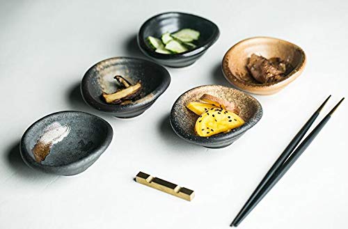 3.5 Inch Retro Style Black & Beige Porcelain Side Dish Bowls - Set of 5 Multipurpose Serving Bowls for Soy Sauce, Dipping Sauces, Seasonings - Perfect for Asian Dining, Sushi Restaurants, and Home Entertaining