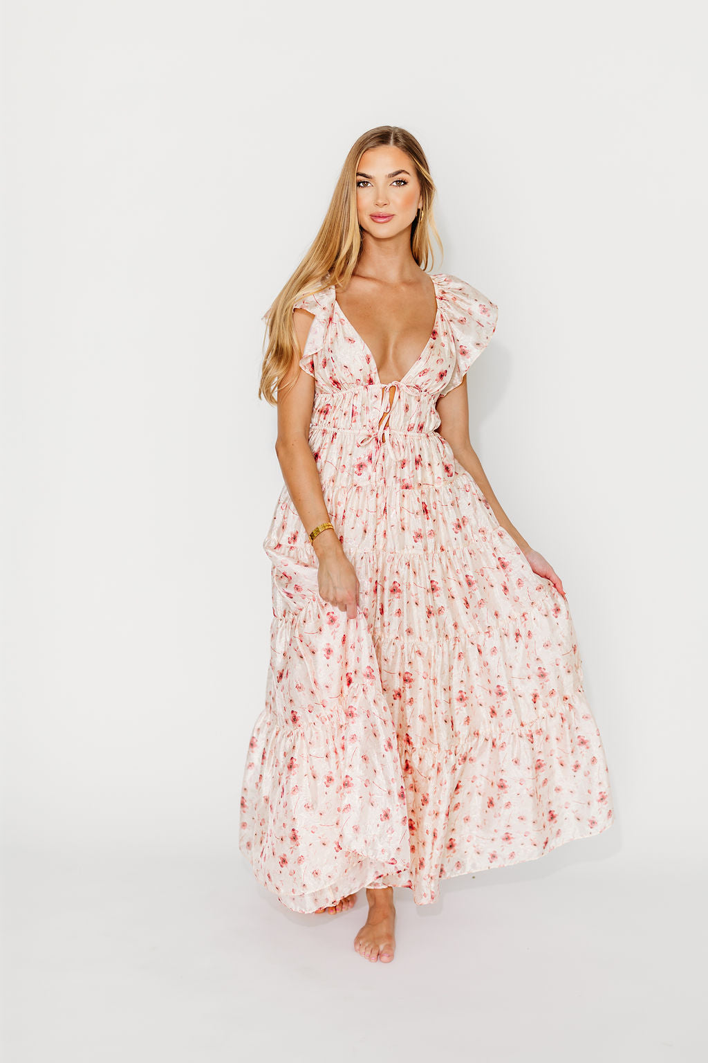 Enchanted Floral & Gingham Ruffled Maxi Dress in Pink Rose - Elegant Summer Wedding Guest Dress for Beach Parties & Outdoor Events