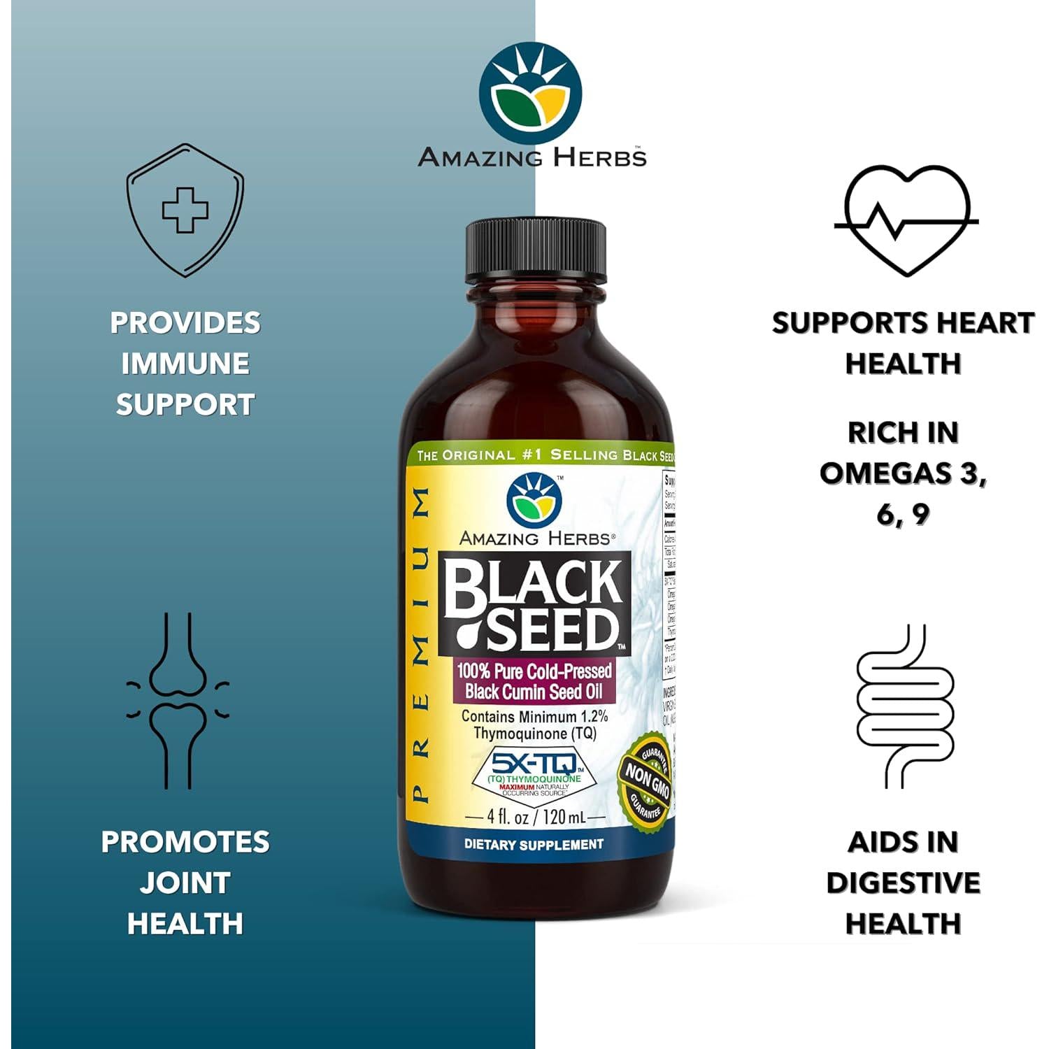 Amazing Herbs Premium Black Seed Oil - Cold Pressed, 100% Pure, Organic Nigella Sativa Oil for Immune Support, Skin & Hair Care - Perfect for Daily Wellness & Natural Remedies
