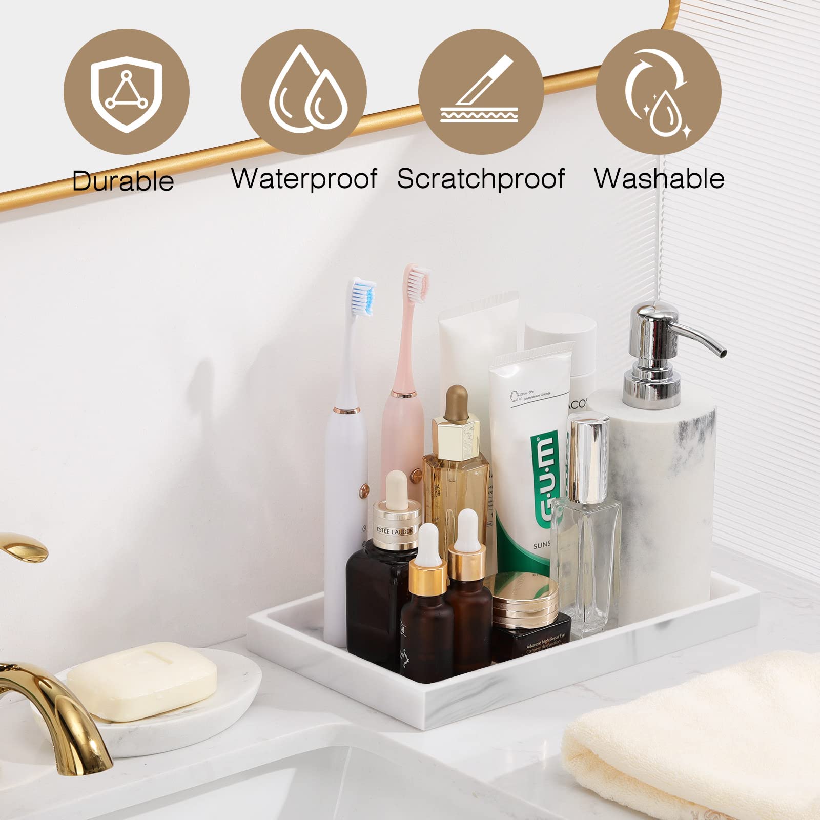 Luxspire White Marble Bathroom Vanity Tray - Resin Jewelry Organizer, Ring Dish & Countertop Storage for Perfume, Candles, Soap, Towels | Bathroom, Dresser & Kitchen Sink Decor | Perfect for Home, Spa & Hotel Use