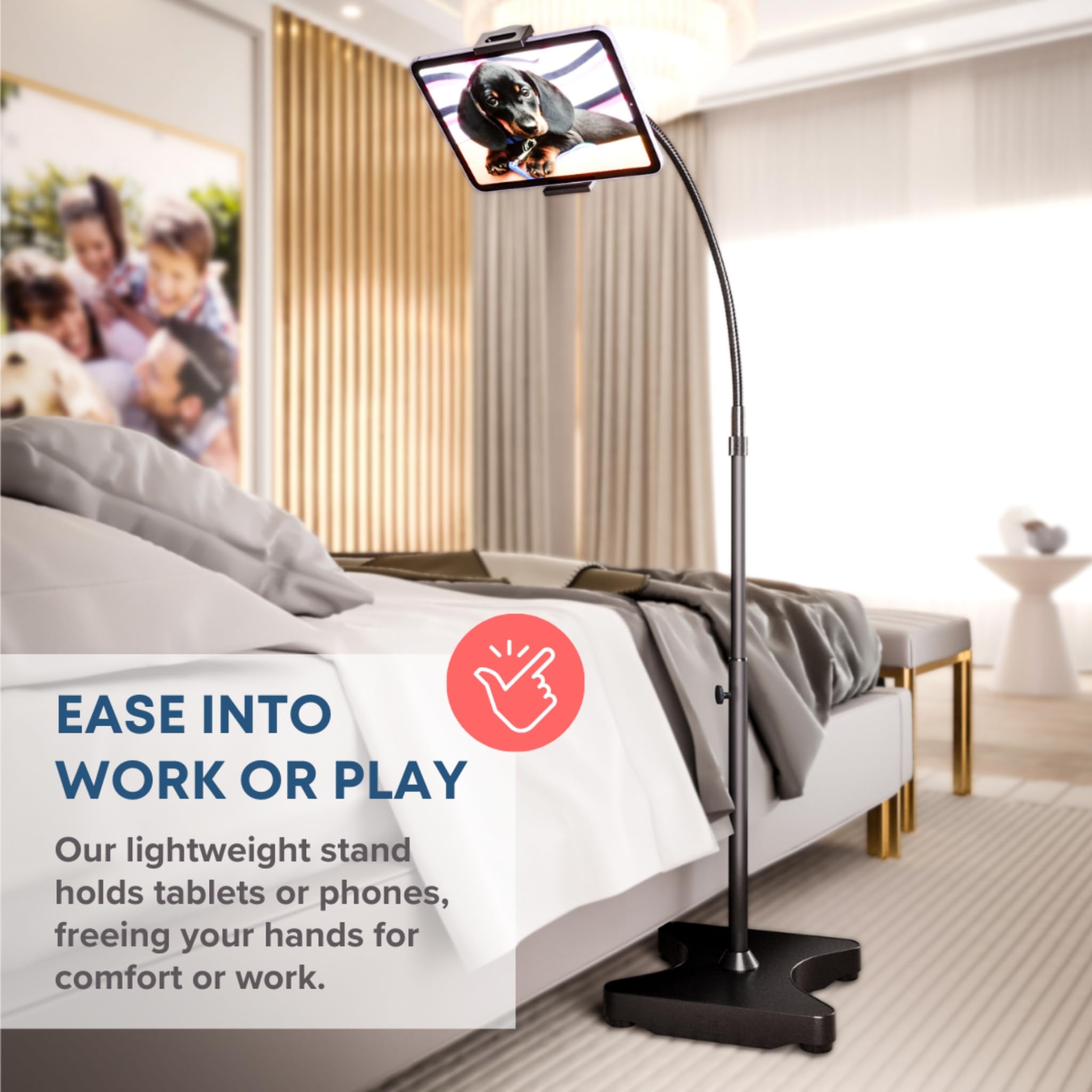 Adjustable Height Floor Stand for Tablet & Phone - Sturdy Gooseneck Holder with Wide Base - Universal Compatibility for 4-13 inch Smartphones & Tablets - Black - Perfect for Home Office, Bedroom, Kitchen & Reading