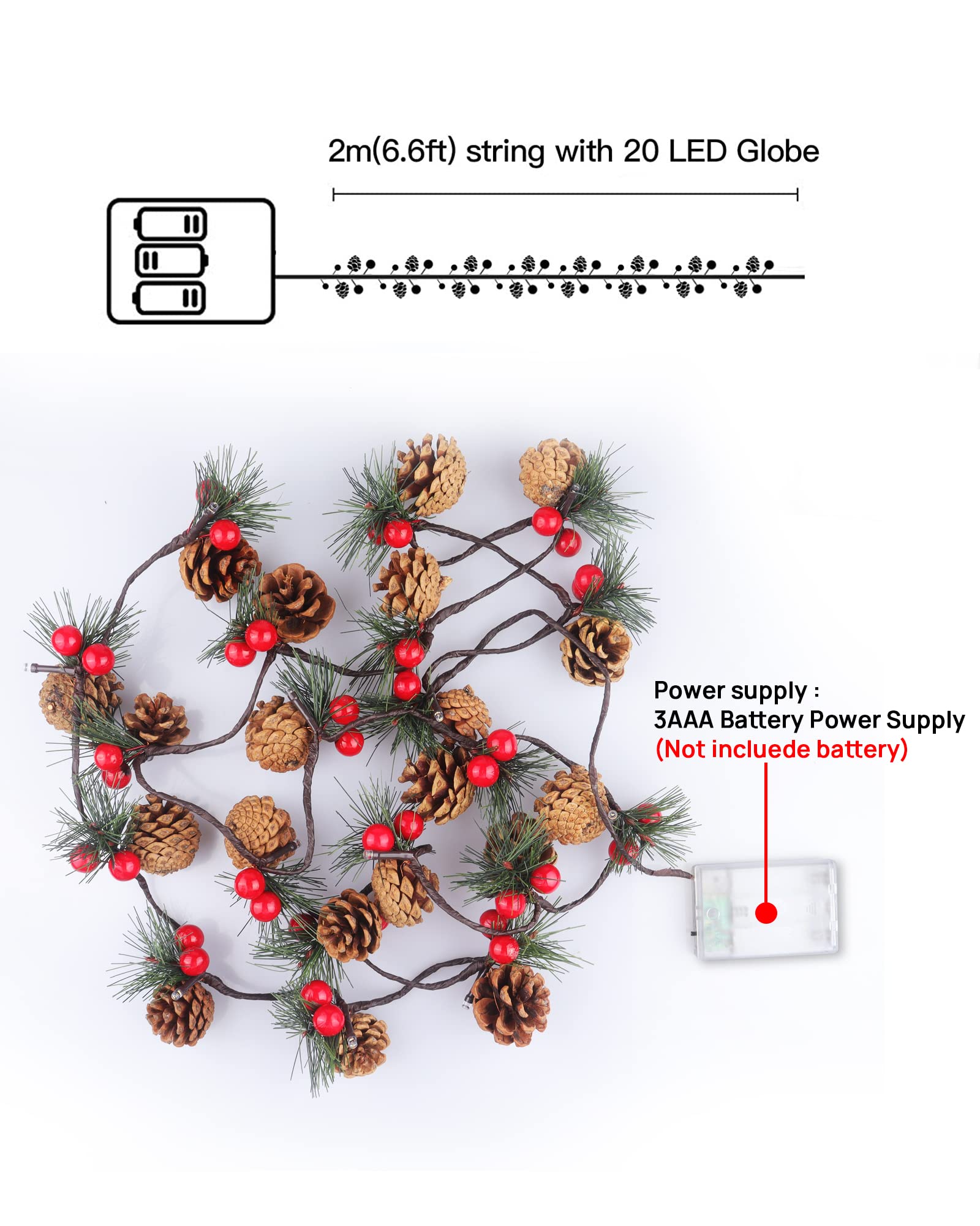 2 PCS Christmas Garland with LED String Lights - 6.6FT Pine Cone & Berry Decor for Indoor Fireplace, Mantel, Staircase, and Holiday Home Decor (20 LED Warm White Lights)