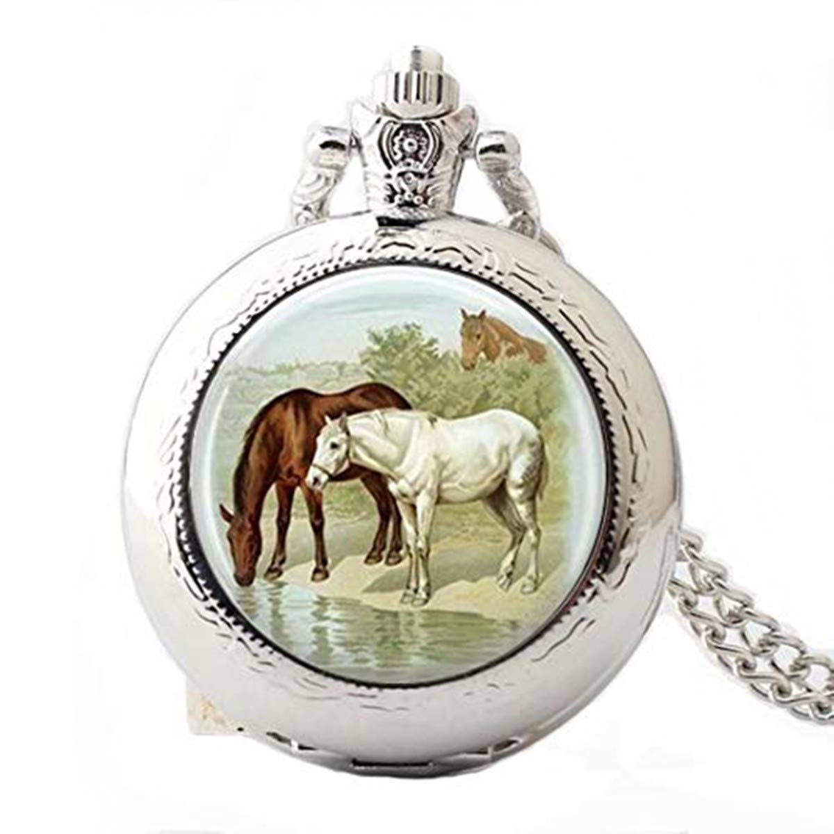 Vintage Drinking Horses Illustration Pocket Watch - Elegant Glass Pocket Watch with Chain - Unique Collectible Gift for Men & Women - Perfect for Steampunk Fashion, Antique Collectors & Special Occasions