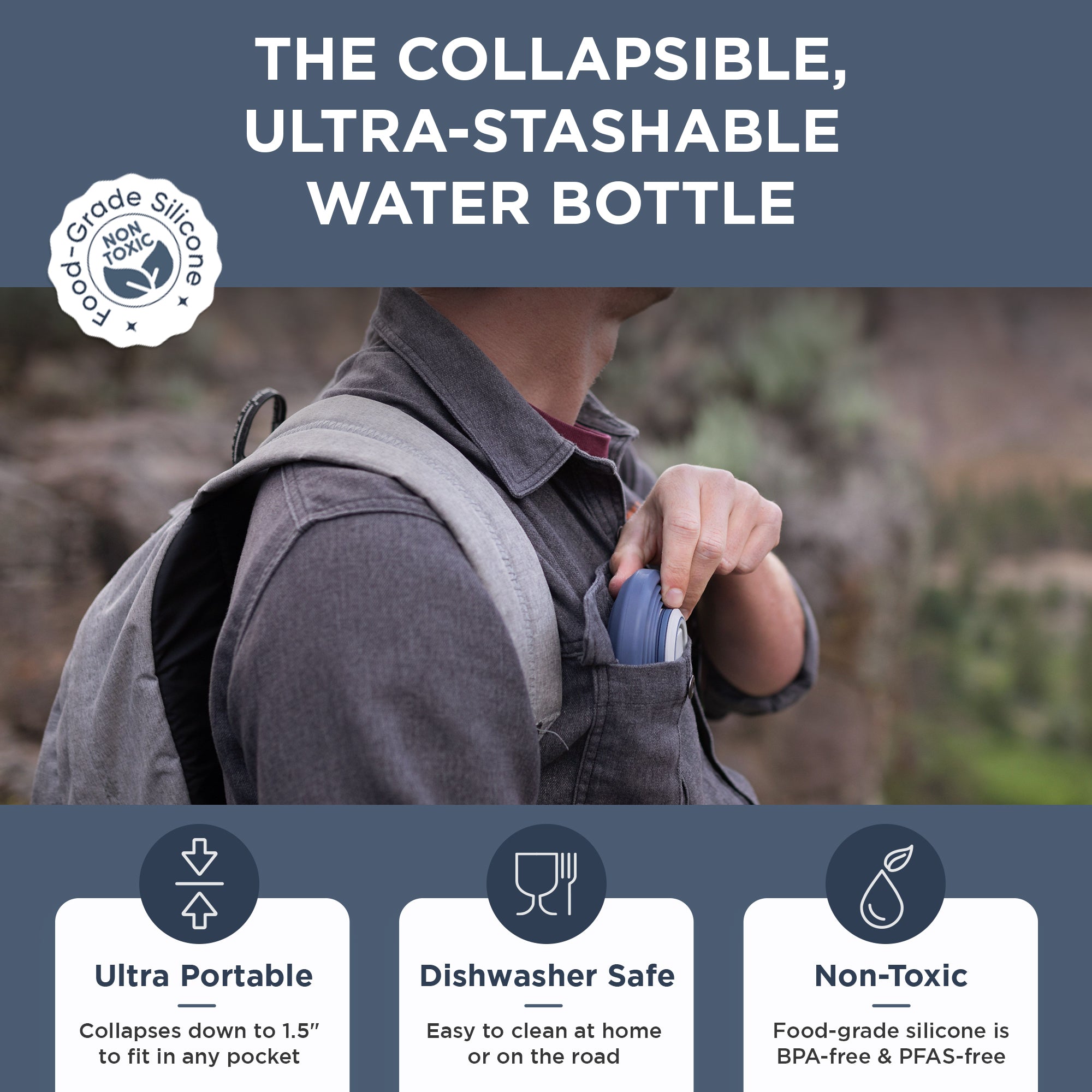 25oz Collapsible Water Bottle - Leak Proof, BPA Free, Portable & Reusable for Hiking, Travel, Gym & Outdoor Activities