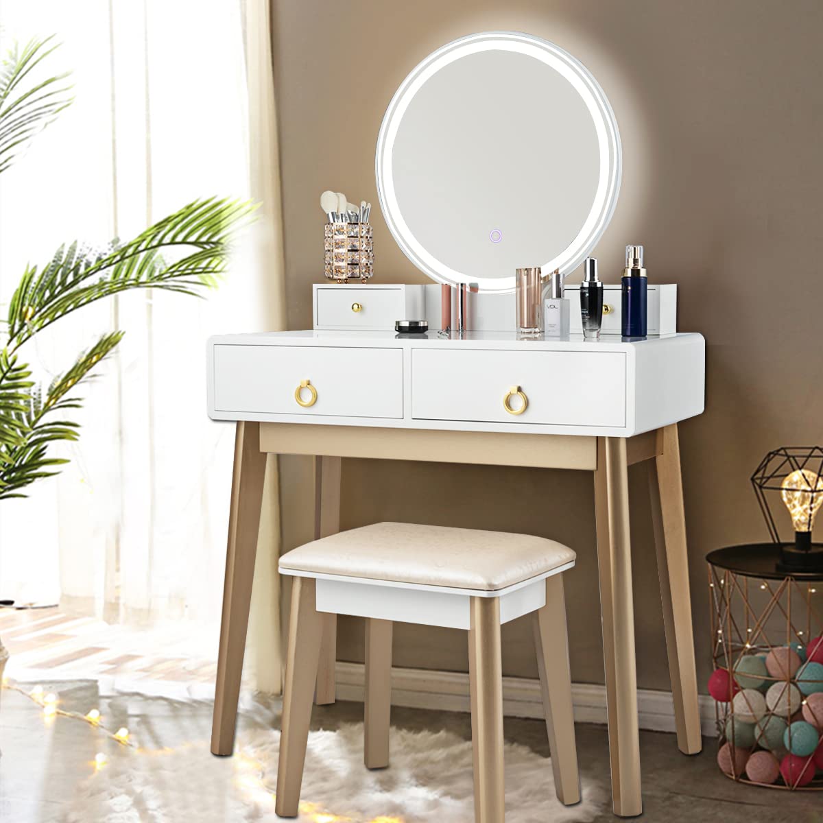 Nightcore Vanity Set with Round LED Lighted Mirror, Modern Makeup Vanity Desk with Cushioned Stool & 4 Drawers - White Dressing Table for Women & Girls | Perfect for Bedroom, Bathroom & Home Beauty Station