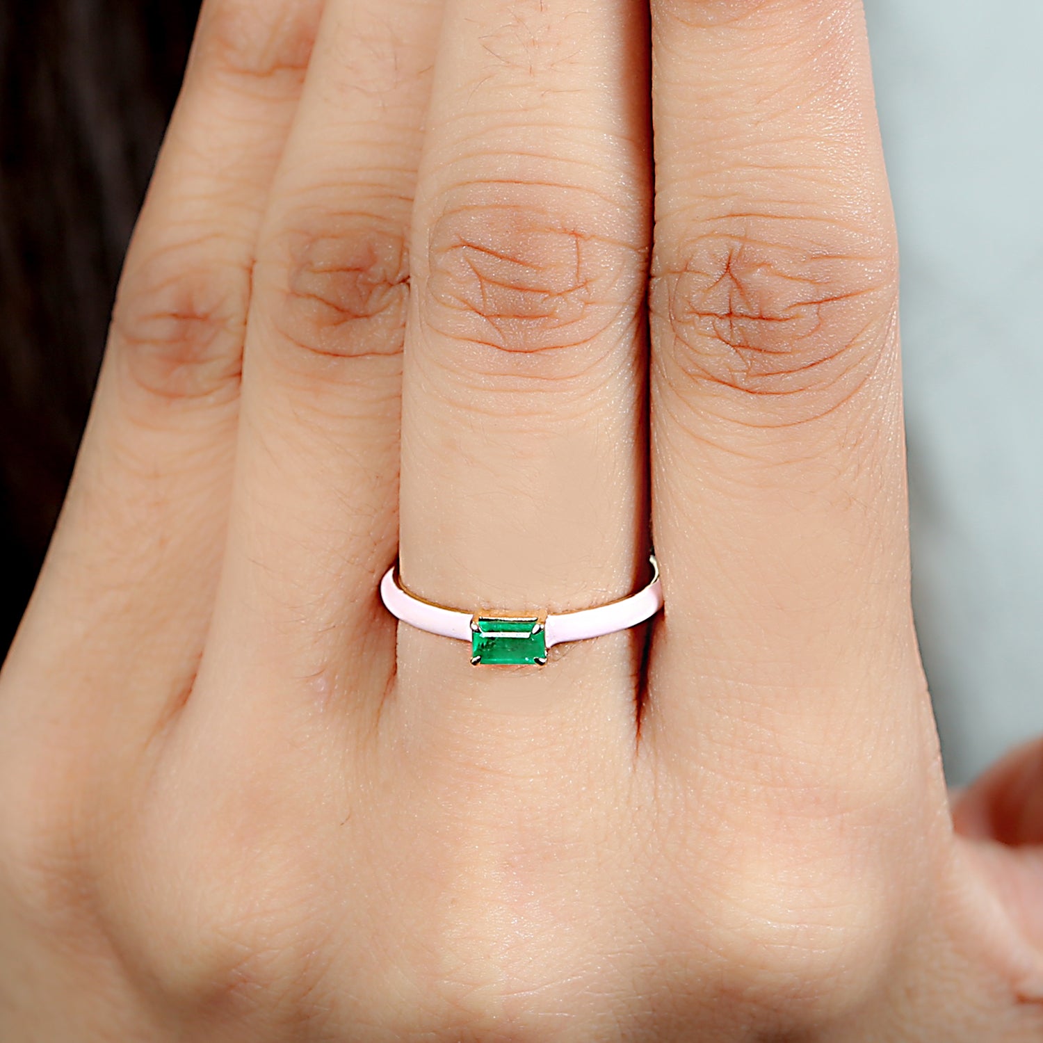 14K Yellow Gold Baguette Emerald May Birthstone Enamel Band Ring - Elegant Birthstone Jewelry for Women, Perfect Gift for Mother's Day, Anniversary & Special Occasions