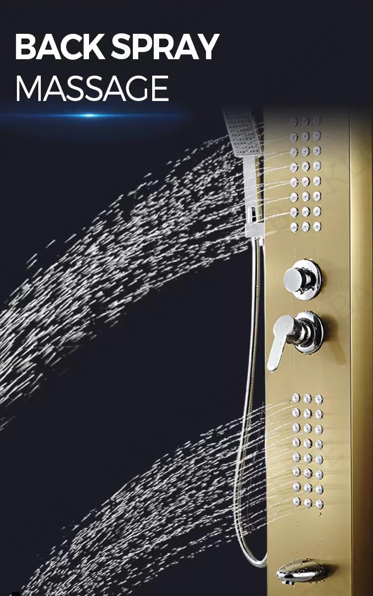 Stainless Steel Shower Panel Set - Dual Flow Overhead Waterfall & Handheld Shower - Wall Mount Bathroom Fixture in Gold Glossy Finish | Perfect for Modern Bathroom Renovation & Spa-Like Shower Experience