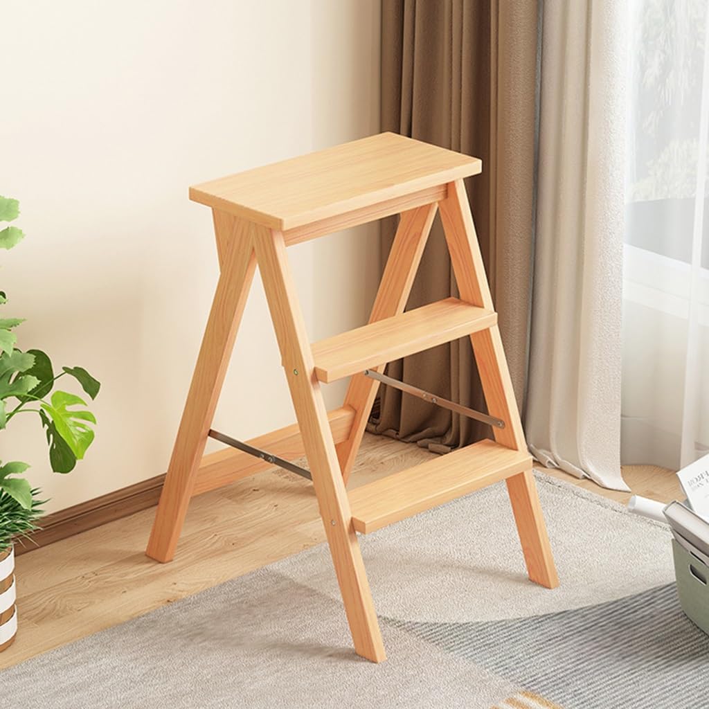 3-Step Foldable Wooden Stool with Seat - Portable Single Step Ladder for Adults - Solid Wood Stepladder for High Beds, Kitchen, Bathroom & Closet - Non-Slip Sturdy Platform for Home & Office Use