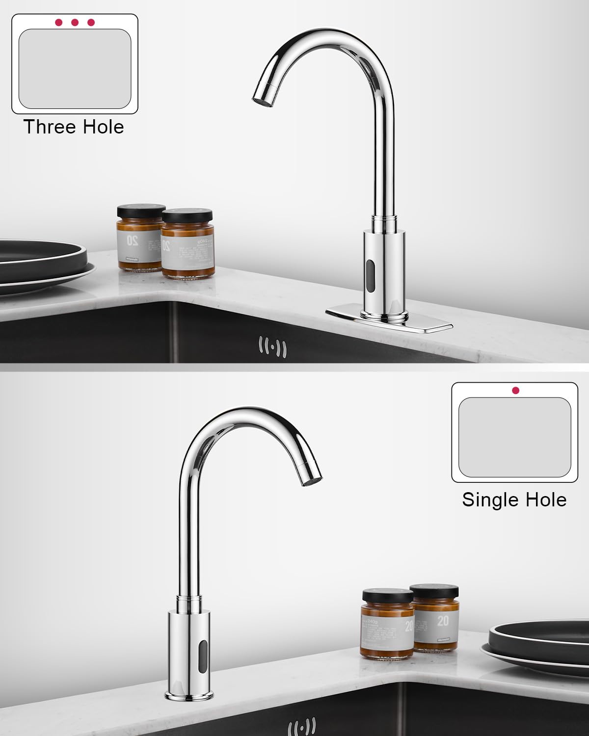 Automatic Touchless Motion Sensor Faucet for Bathroom & Kitchen Sink - Commercial/Public Use with Deck Plate & Temperature Mixer - Battery or Plug-in Powered - 1 Hole or 3 Hole Installation - Chrome Finish - Ideal for Restaurants, Hospitals, and High-Traffic Public Spaces