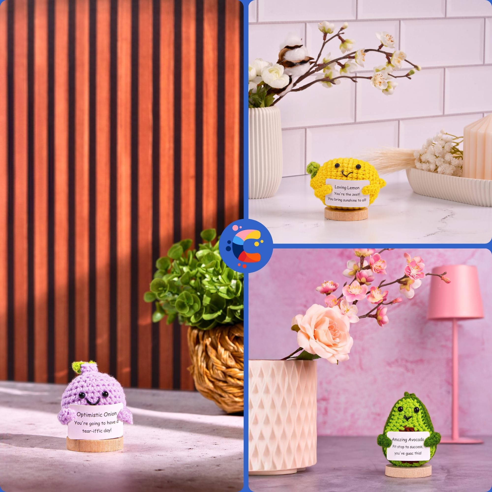 Friendly Veggies Plush Toys - Positive Potato, Emotional Support Pickle, Cute Crochet Animals Gift Set for Stress Relief & Teacher Appreciation | Mini Stuffed Animals for Kids, Office Decor & Anxiety Relief