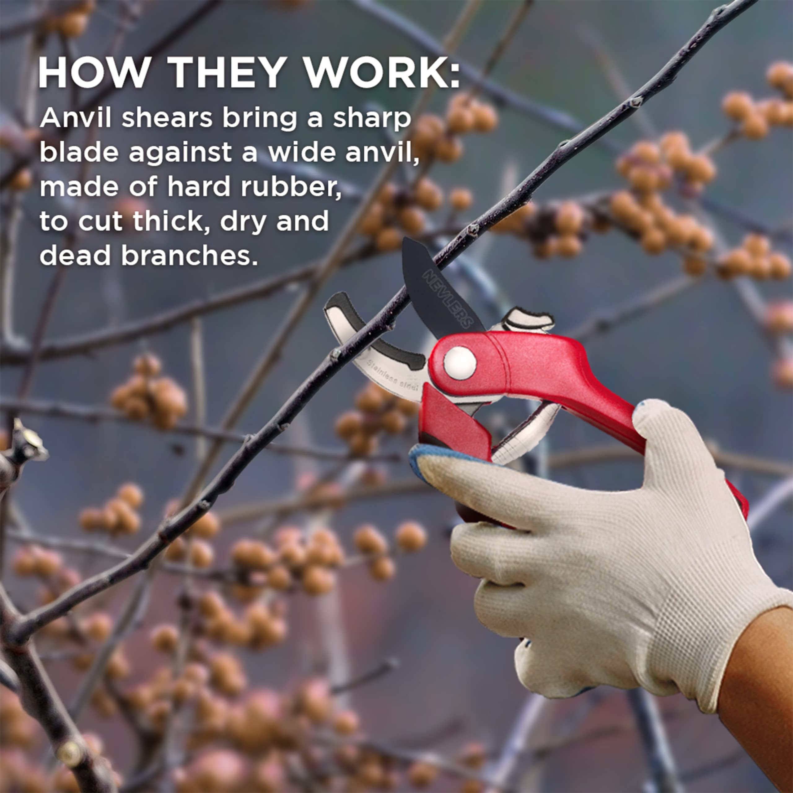 Nevlers 8 Inch Red Anvil Pruning Shears - Stainless Steel Garden Shears with 8mm Cut Capacity | Ergonomic Hand Pruners for Trimming Branches, Shrubs & Plants | Perfect for Gardening, Landscaping & Outdoor Use