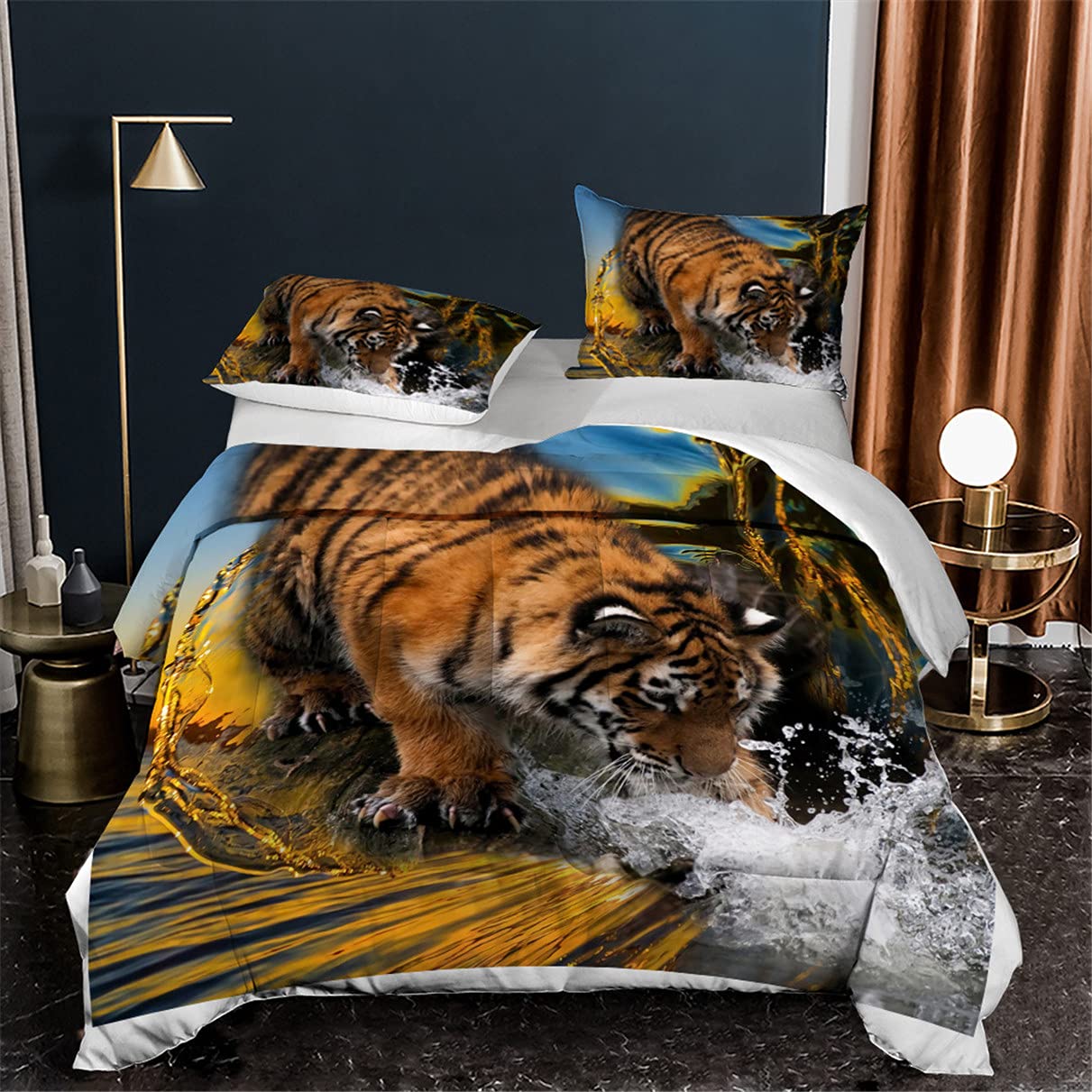 EDUMEYA 3D Tiger Print Comforter Set Queen Size - Brown Animal Themed Bedding Quilt Duvet Cover for Kids, Boys & Teens (1 Comforter + 2 Pillowcases) - Jungle Safari Room Decor & Big Cat Lover Gift