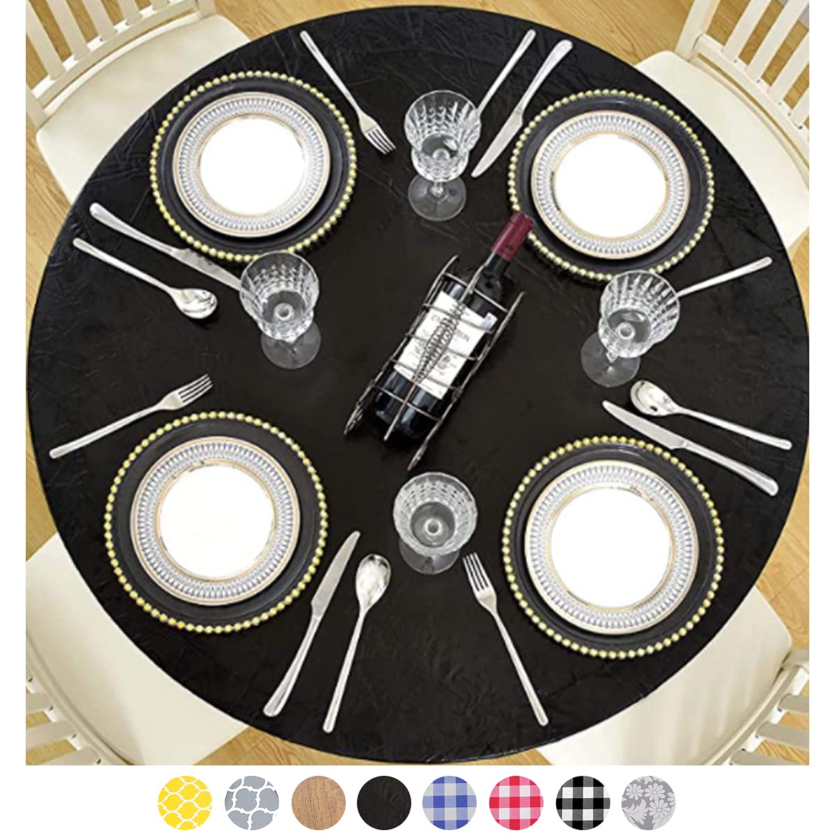 Waterproof Round Plastic Vinyl Tablecloth with Flannel Backing & Elastic Edge - Fitted Dining Table Protector for Kitchen, Restaurant or Outdoor Use (Black, Small 36-42 Inch)