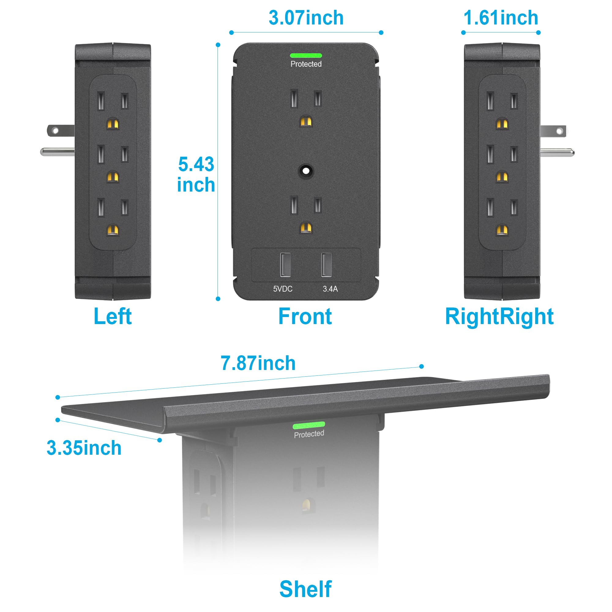10-Outlet Surge Protector with 2 USB Ports (2.4A) & Built-In Shelf - FCC Certified Wall Mount Power Strip for Home, Office, Kitchen, and Bedroom - Black