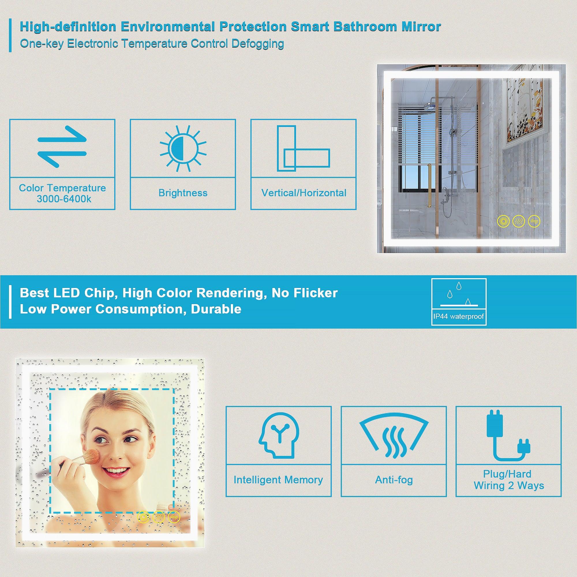 Anti-Fog LED Bathroom Mirror with Backlit Illumination - Touch Switch & Dimmable Light for Makeup Vanity, Shaving, and Home Decor