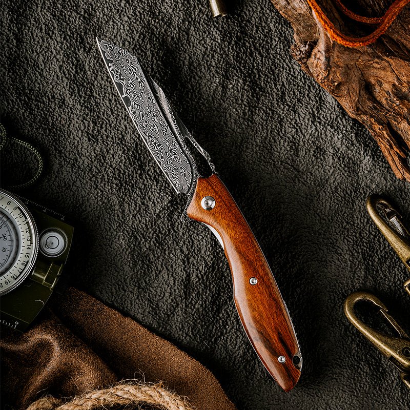 Premium Damascus Steel Pocket Knife - Handcrafted Vengeance Folding Knife with Exotic Red Sandalwood Handle - Perfect for Camping, Hiking & Outdoor Survival Gear