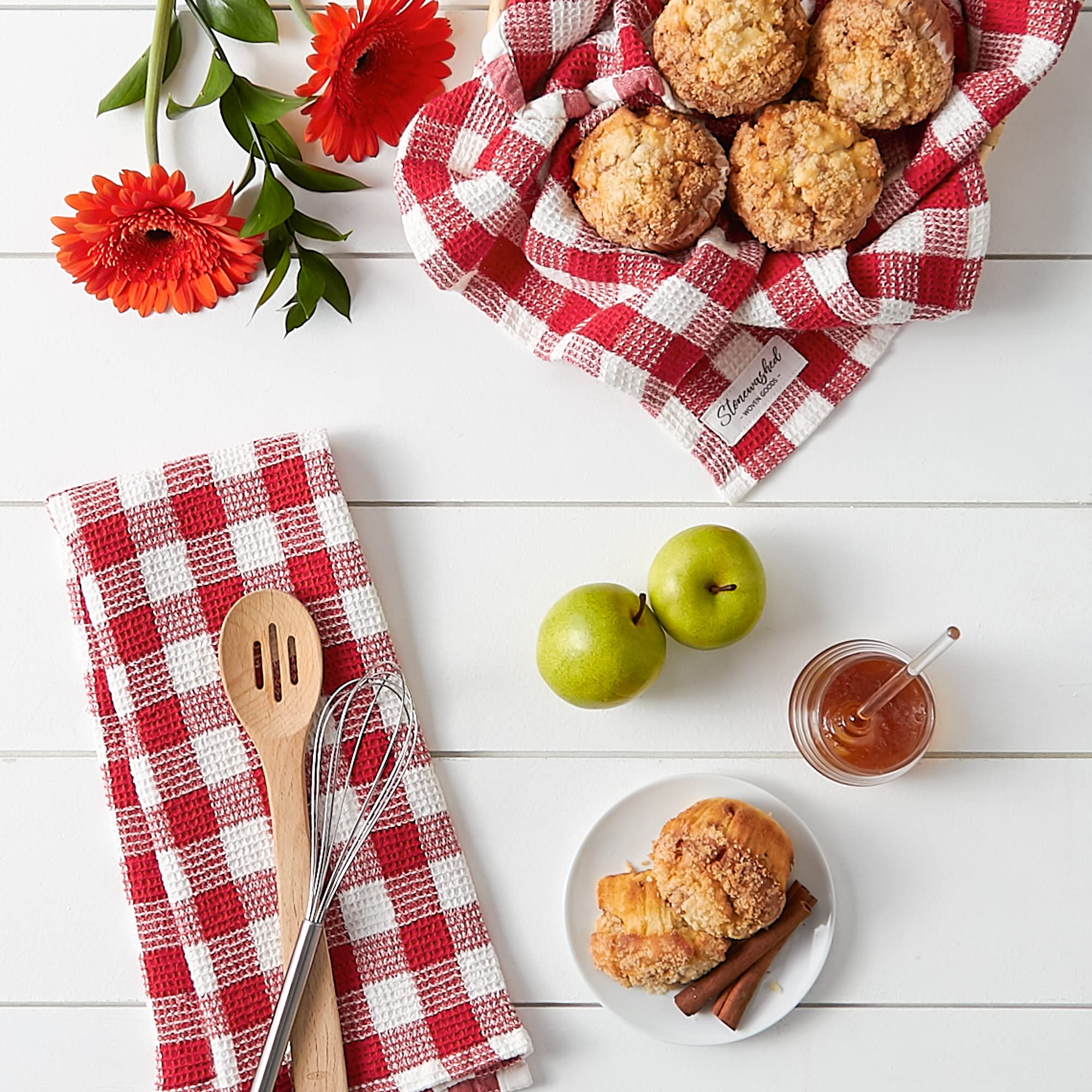 DII Washed Waffle Weave Dish Towel Set - 2 Pack, 18x28 Inches, Red Cider Check Pattern - Absorbent Kitchen Towels for Drying Dishes, Cleaning & Decor