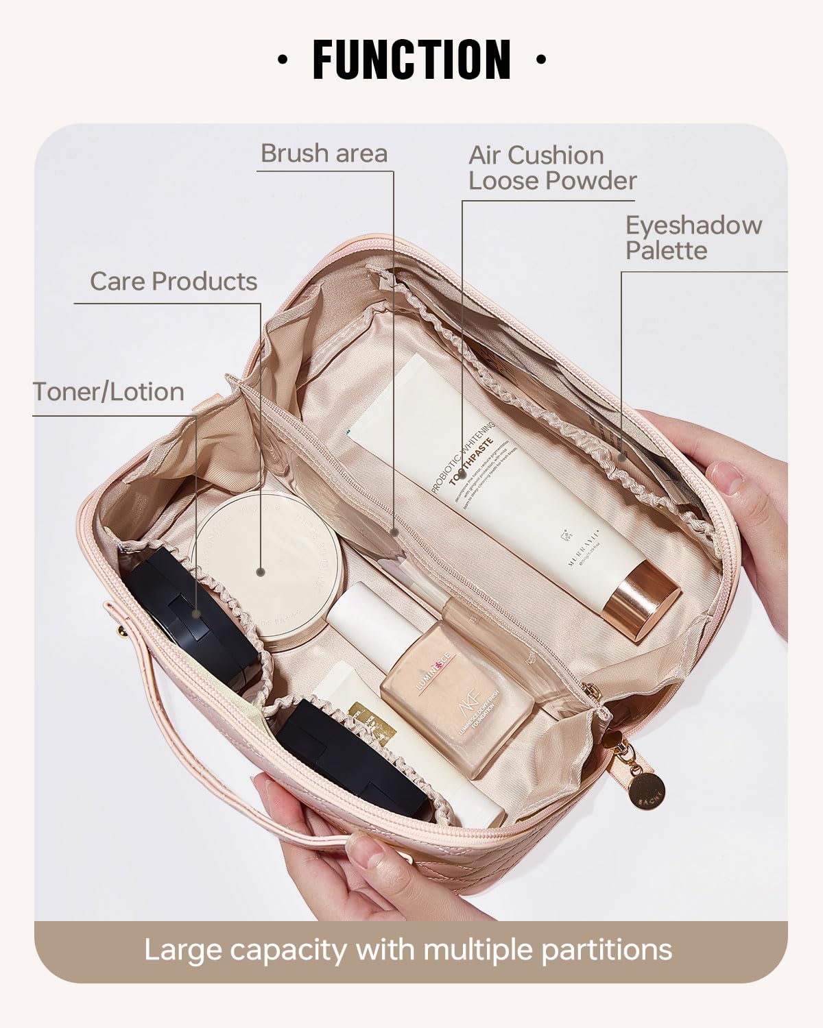 EACHY Large Waterproof Travel Makeup Bag for Women - Portable Cosmetic Organizer with Divider & Handle, Open Flat Toiletry Pouch - Perfect for Vacation, Gym, Business Trips & Daily Essentials Storage
