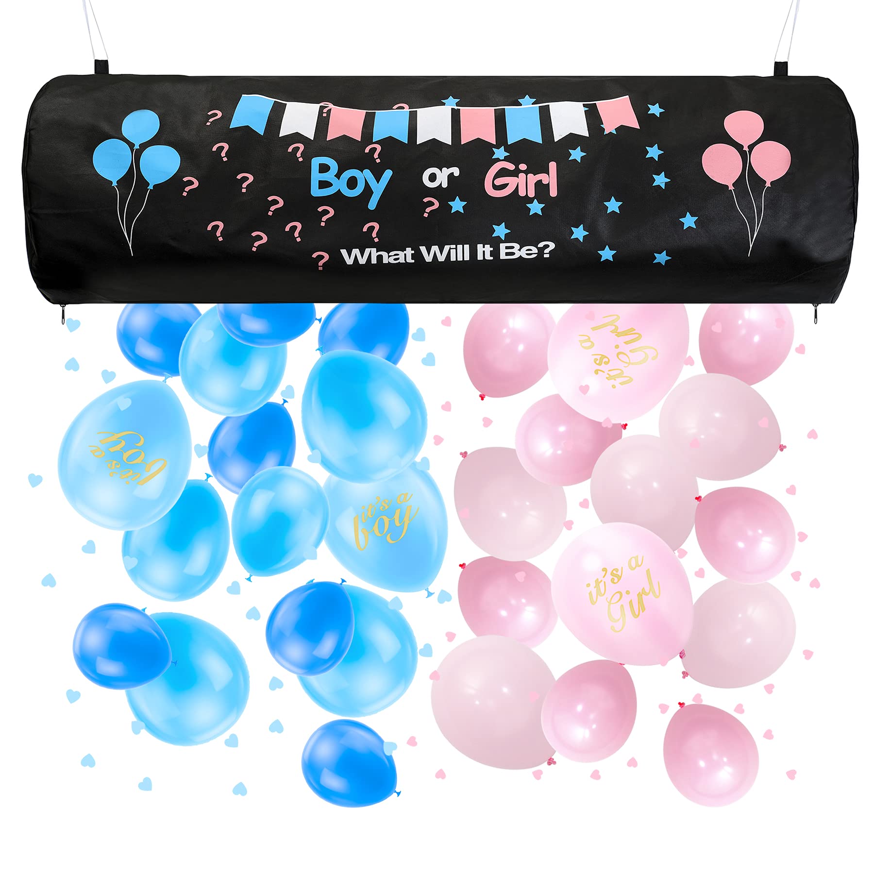 Tenshun Gender Reveal Party Kit - 1 Balloon Drop Bag, 40 Pink & Blue Balloons, Confetti, Air Pump, Ribbons & Hooks for Baby Shower, Gender Announcement Celebration - Perfect for Indoor & Outdoor Parties