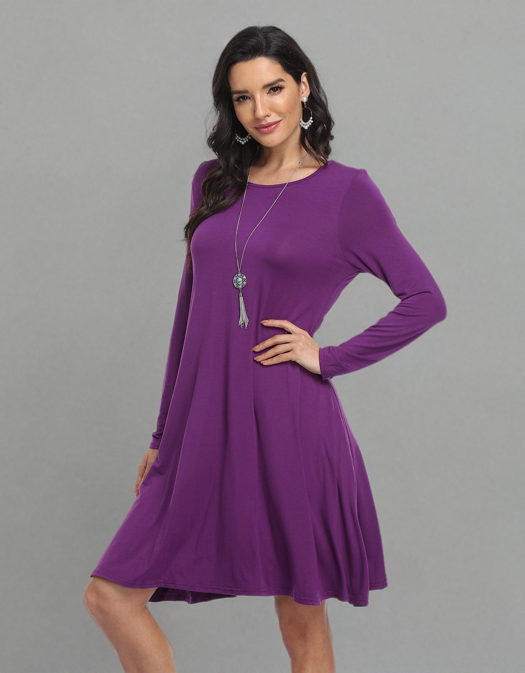 Vintage Women's Casual Long Sleeve T-Shirt Dress - Loose Swing Dress with Pockets | Comfortable & Stylish for Everyday Wear, Date Nights & Travel