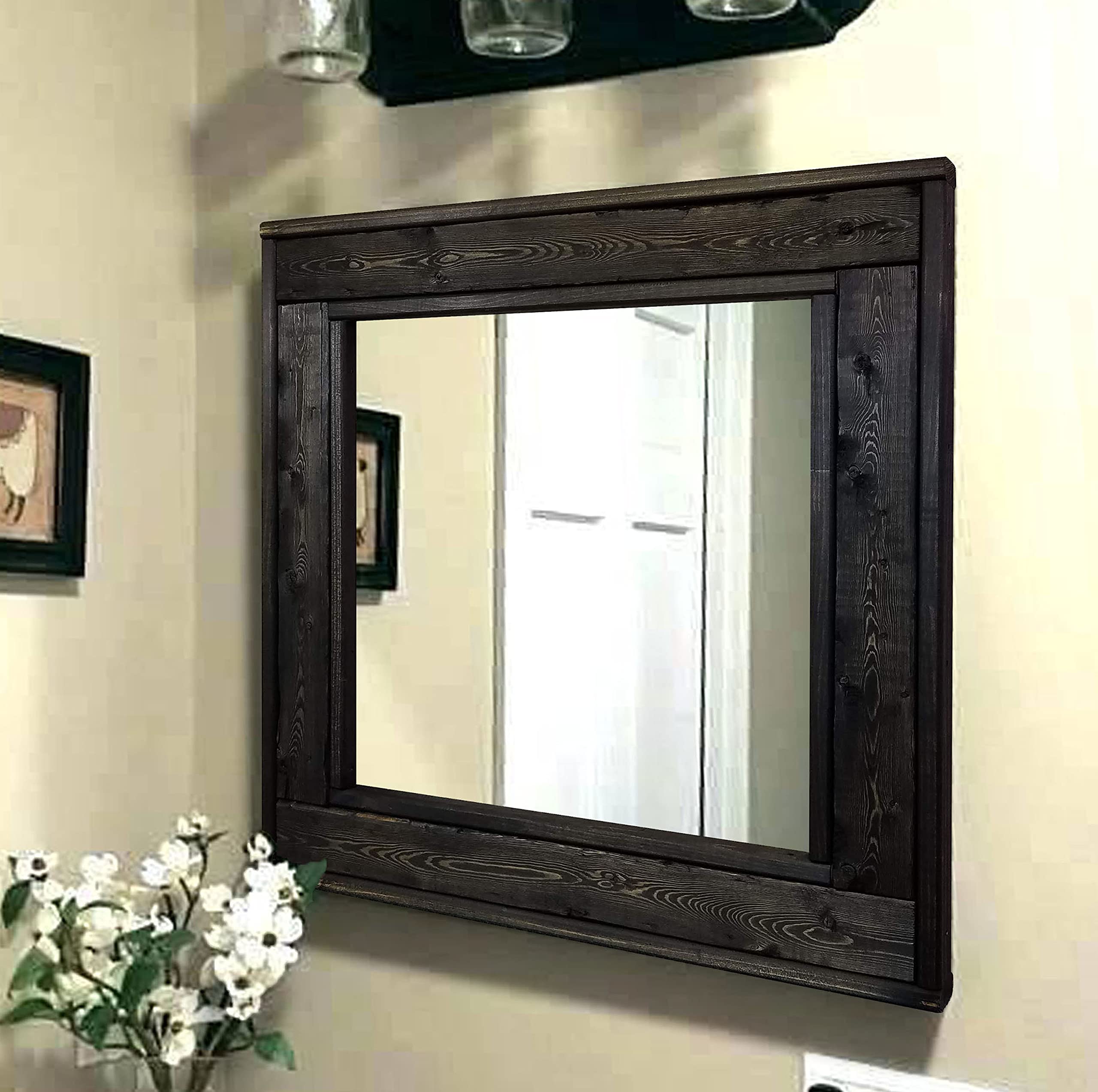 Reclaimed Wood Herringbone Square Wall Mirror - 12 Sizes & 20 Stain Colors (Ebony Shown) - Rustic Home Decor for Living Room, Bedroom, Entryway