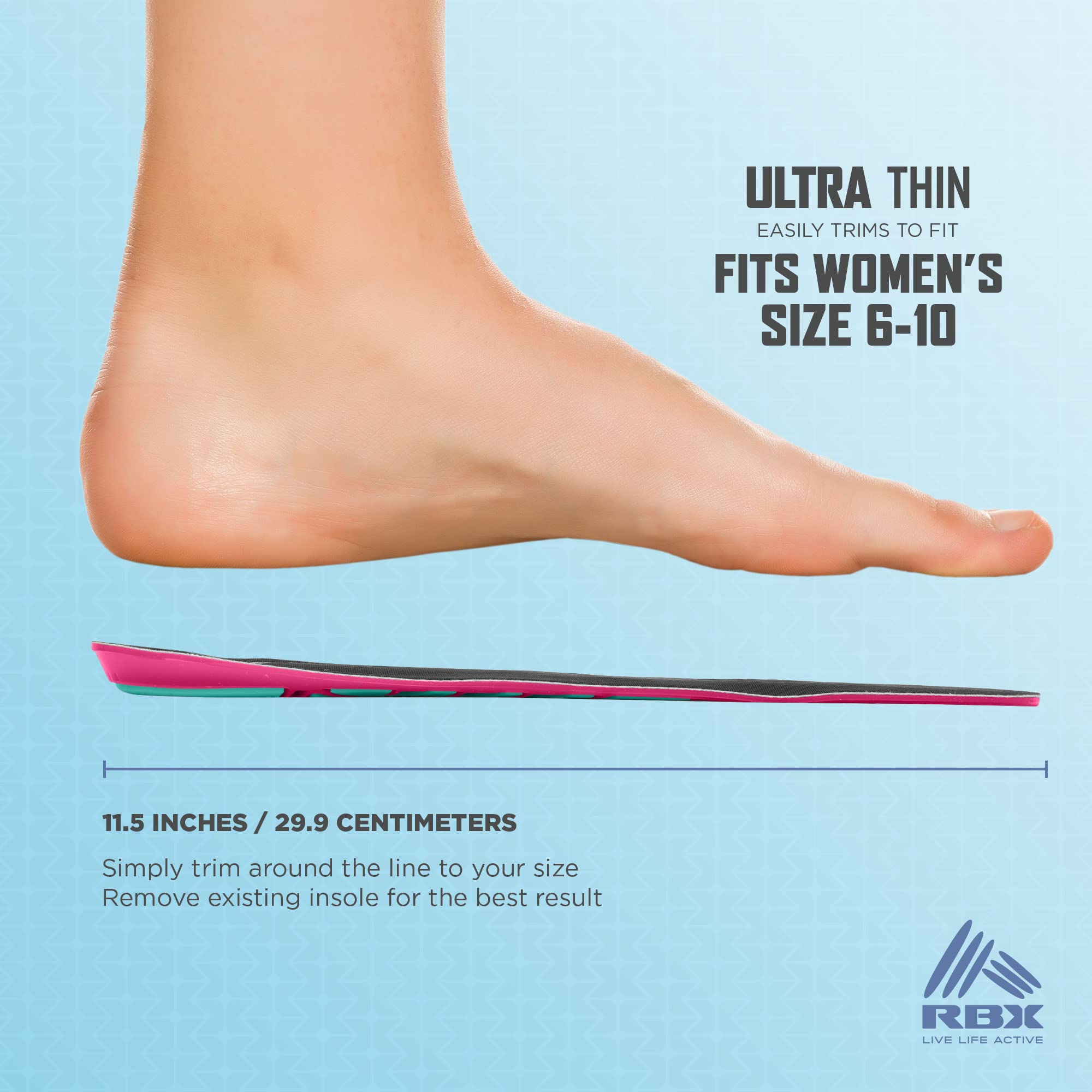 RBX Massaging Sport Gel Insoles for Women - All Day Comfort & Support, Full Length Cushioning (Size 6-10, Pink) - Perfect for Running, Walking & Standing Long Hours