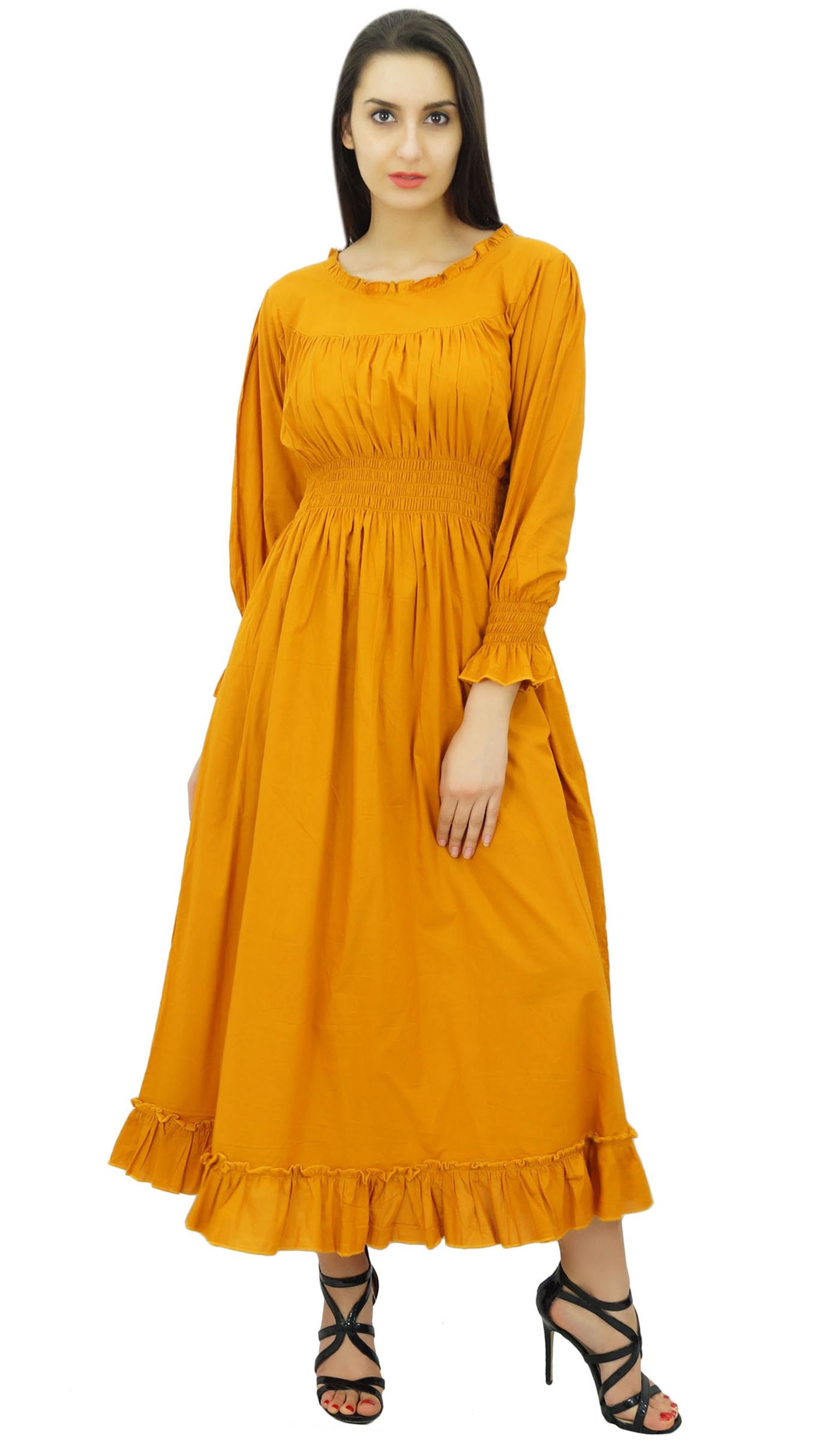 Bimba Women's Cotton Smocked Waist Long Casual Maxi Dress - Flowy Summer Beach Dress for Vacation, Party & Everyday Wear