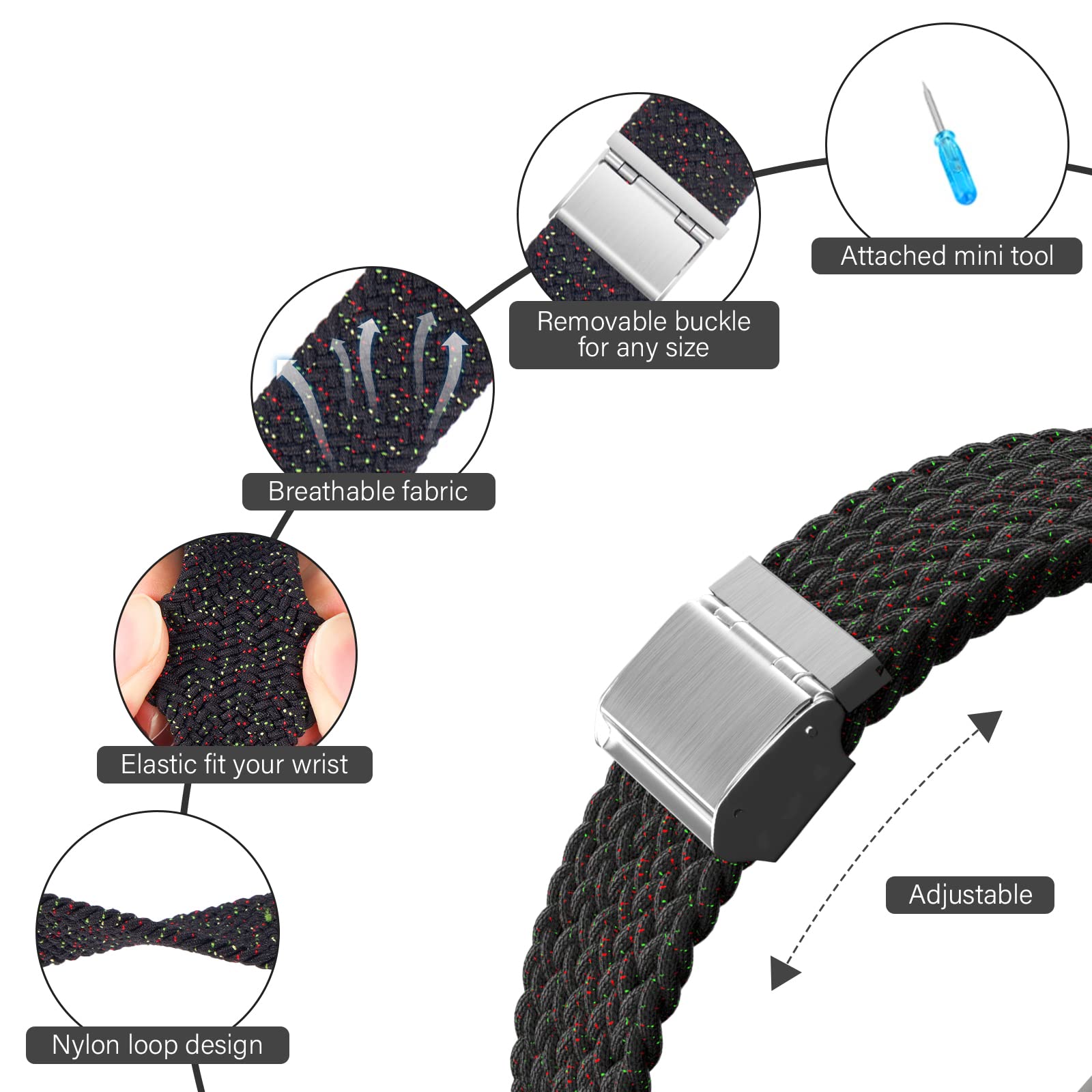 Braided Nylon Apple Watch Bands for Series 9/8/7/6/5/4/3/2/SE/Ultra/Ultra 2 - Adjustable, Breathable Replacement Strap for 38mm/40mm/41mm/42mm/44mm/45mm/49mm - Perfect for Workouts, Running & Everyday Wear