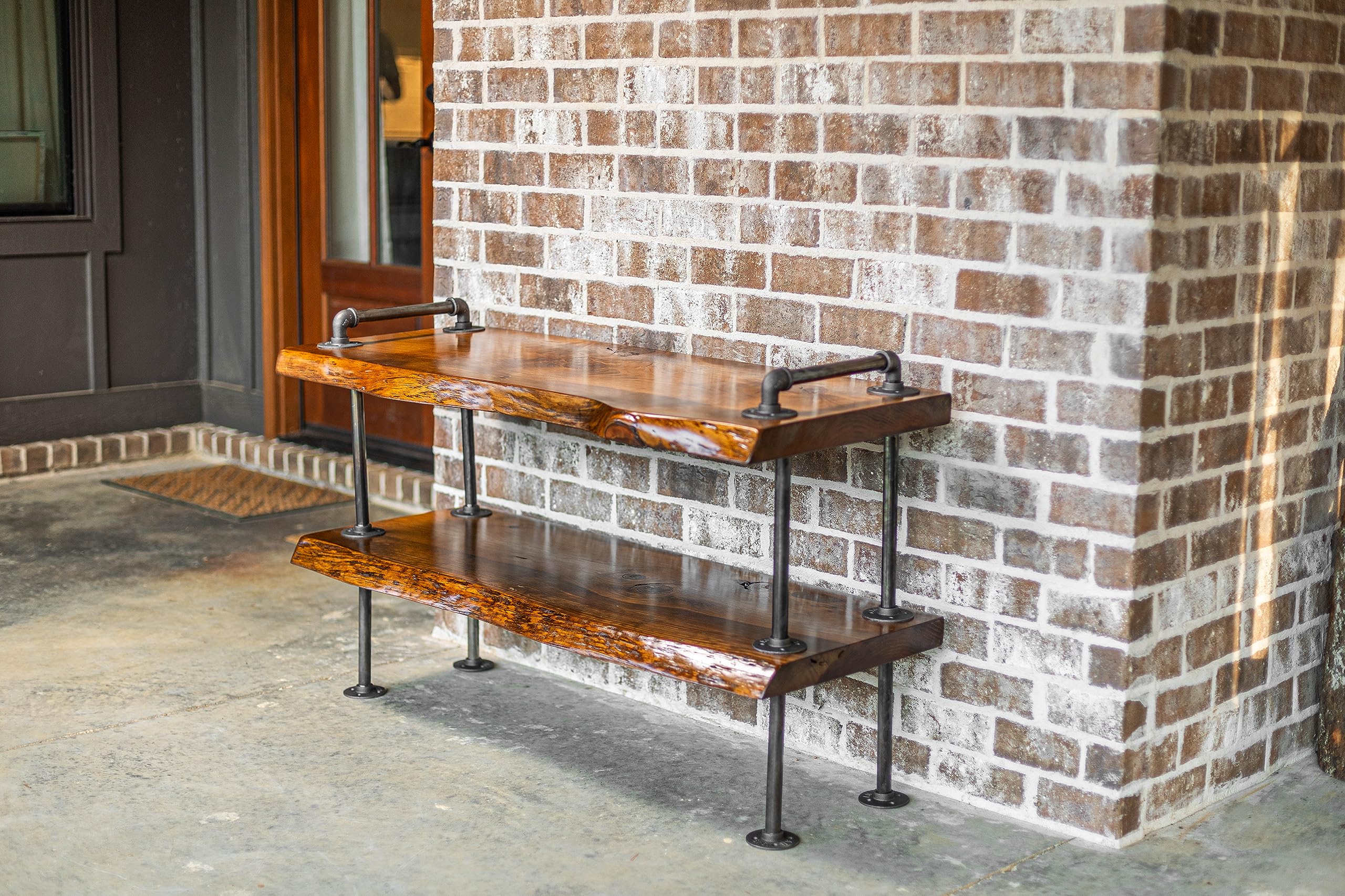 Handcrafted Southern Rustic Logwerks Industrial Pipe Live Edge TV Stand - Steampunk Entertainment Center with Honey Pine Wood | Perfect for Living Room & Man Cave Décor