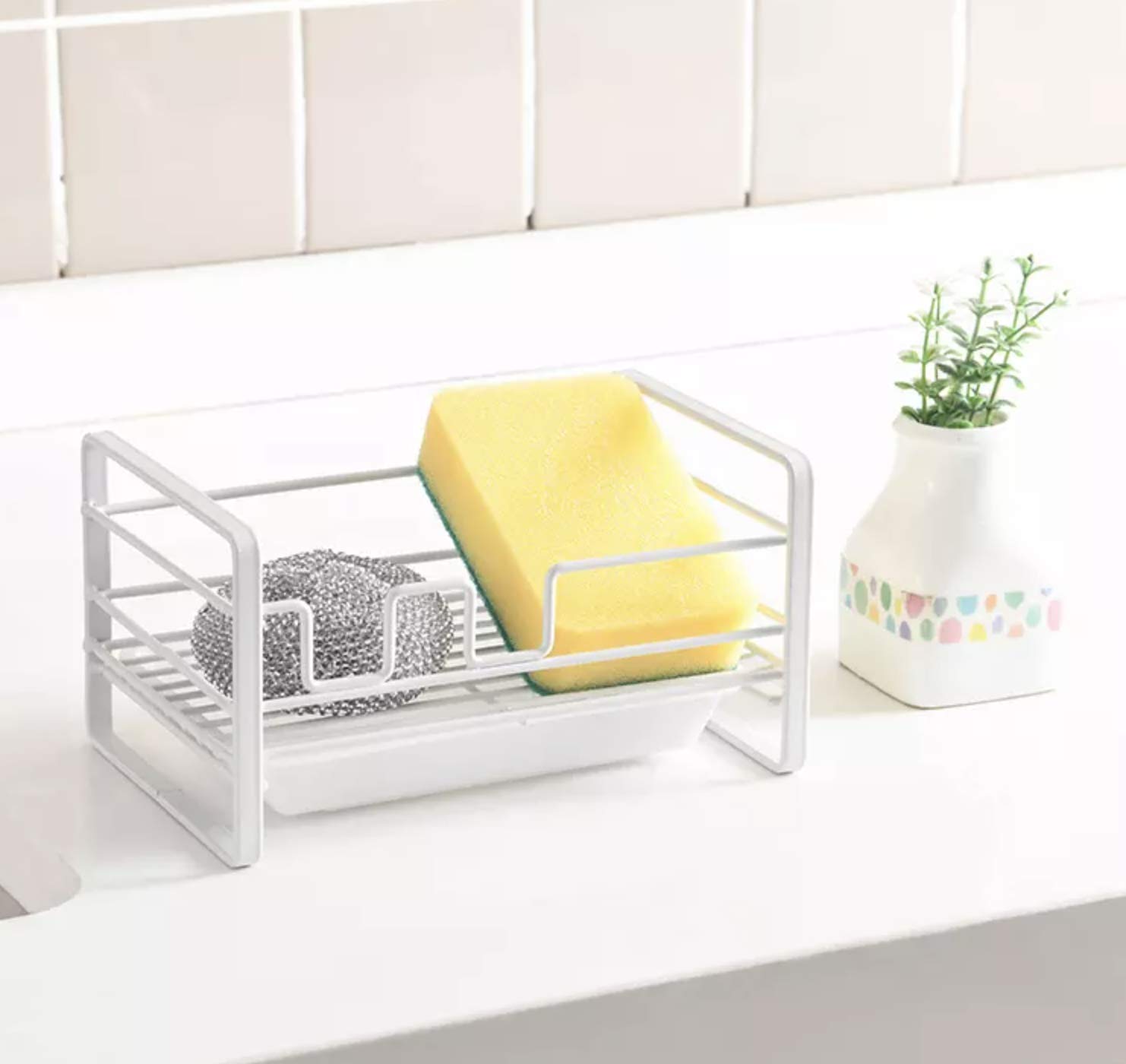 Stainless Steel Sponge Holder for Kitchen Sink with Drain Pan - Rustproof Sink Caddy Organizer - Removable Tray for Soap & Scrubber - Perfect for Dishwashing, Countertop Organization & Small Kitchen Storage