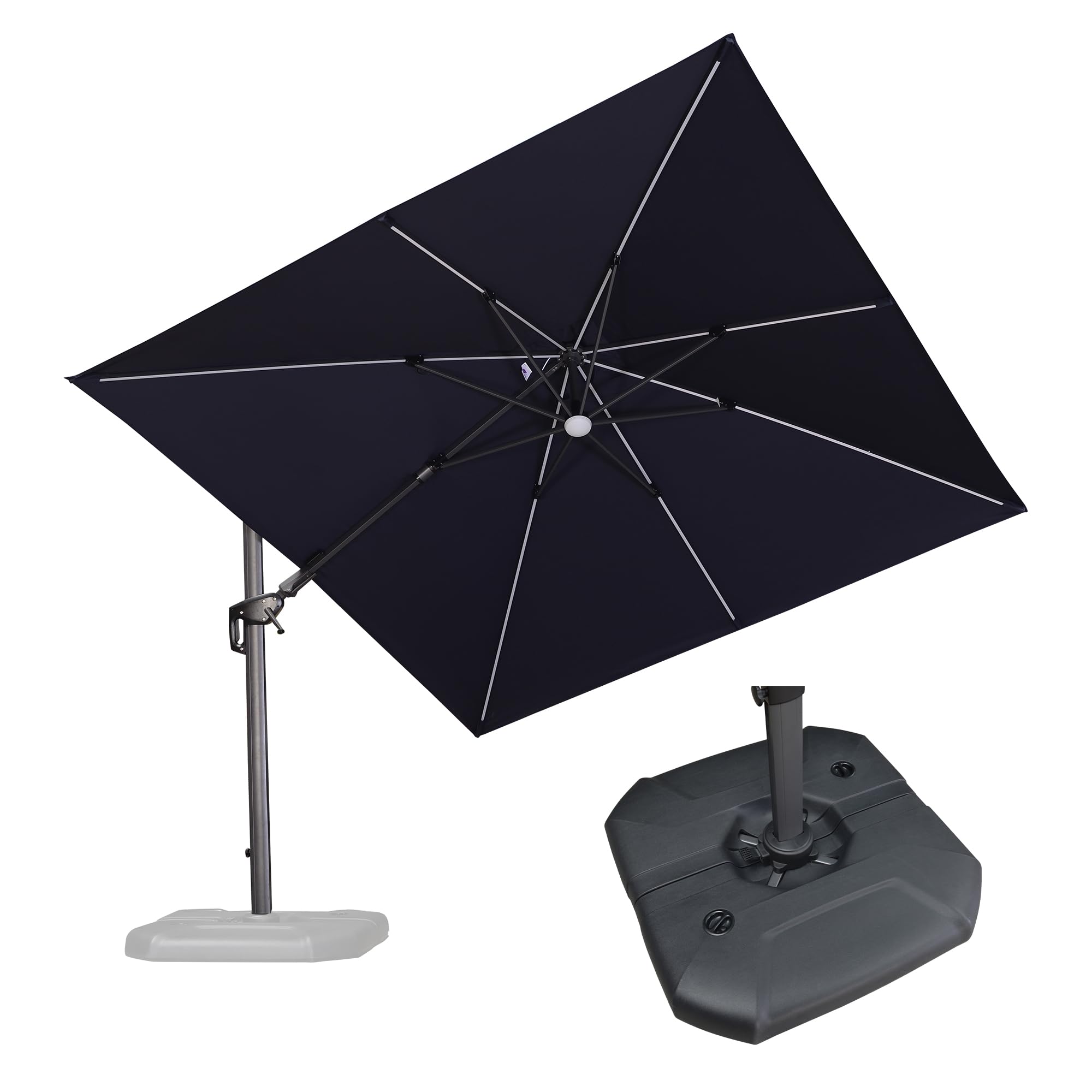 PURPLE LEAF 10ft Solar LED Patio Umbrella with 360° Rotation & Aluminum Base - Navy Blue Outdoor Offset Umbrella for Garden, Pool, Deck & Backyard Relaxation