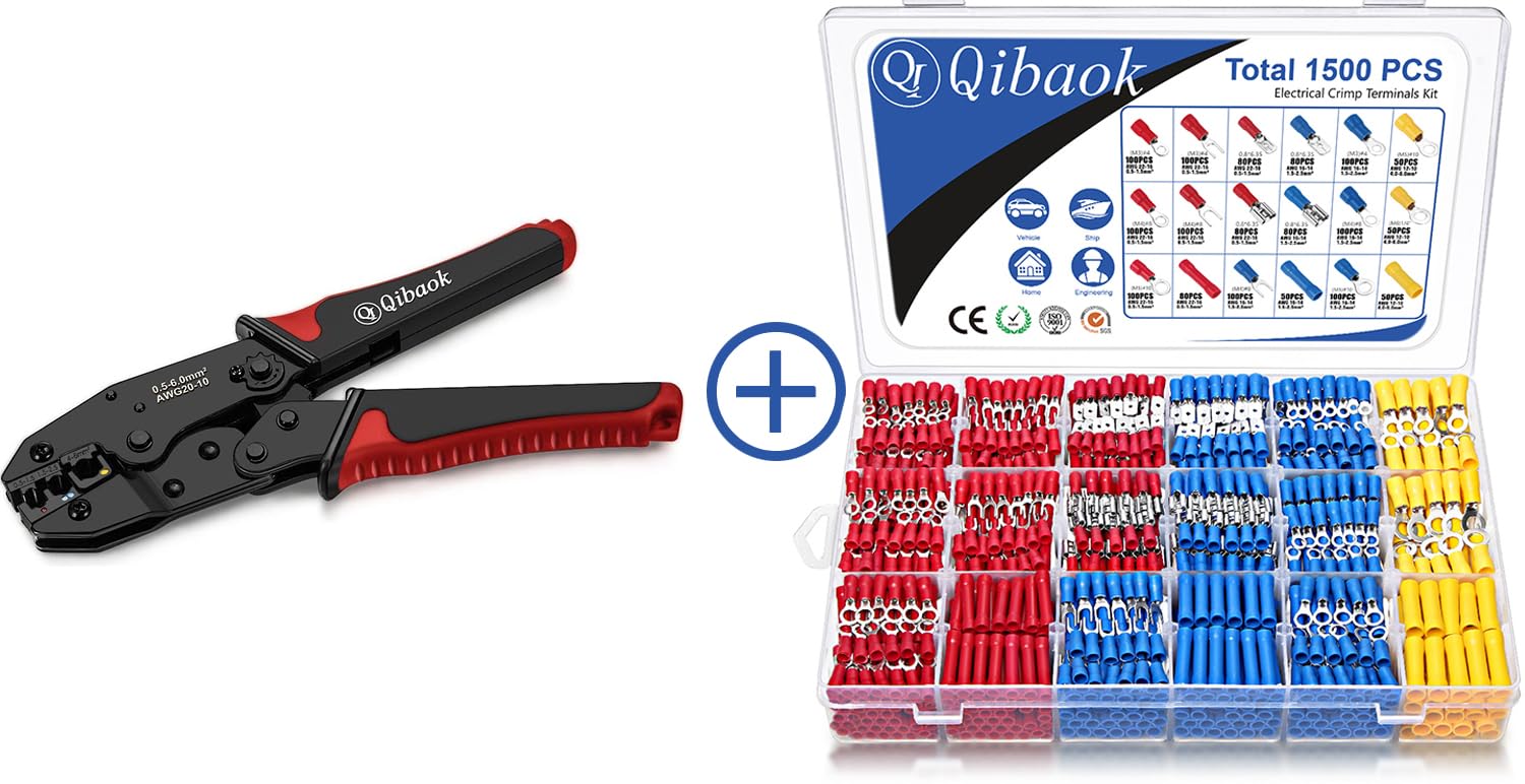 Professional Ratcheting Crimping Tool for Electrical Connectors - Includes 1500PCS Insulated Terminals (Red, Blue, Yellow) - Perfect for Automotive, Marine, and Home Electrical Wiring Projects