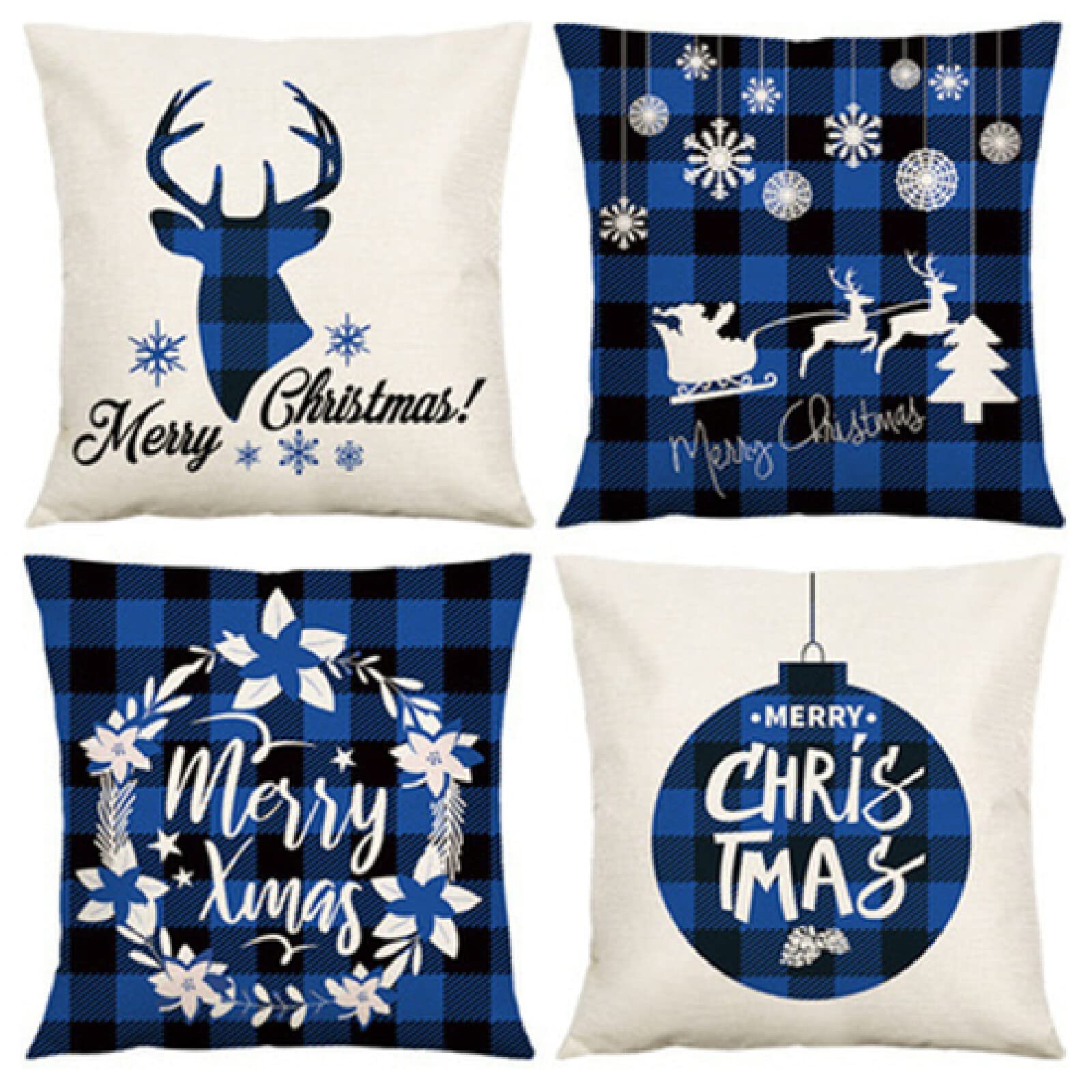 4 Pack Blue Christmas Square Throw Pillow Covers - 80x80cm Cotton Linen Decorative Cushion Covers with Hidden Zipper, Double Sided for Sofa, Couch, Bedroom & Car - Holiday Home Decor & Cozy Seasonal Accents