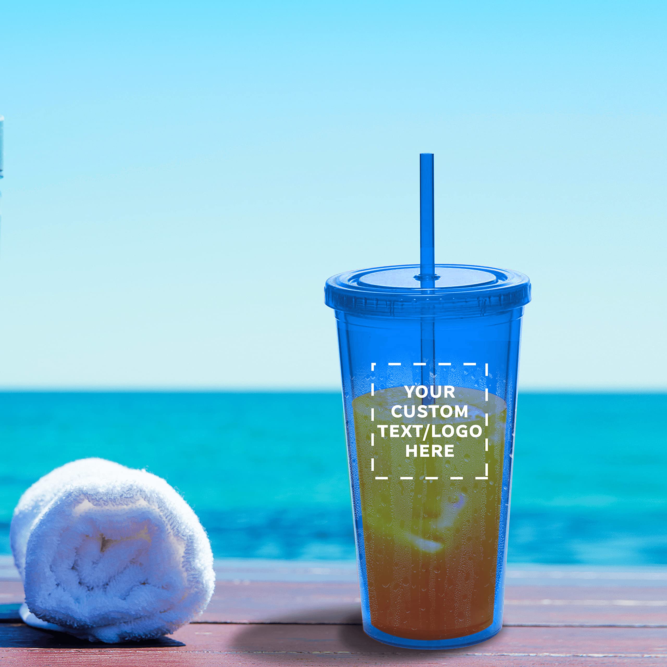 Custom 20 oz Double Wall Acrylic Tumblers - Bulk Pack of 50, BPA-Free Personalized Drinkware for Iced Coffee, Soda, Hot & Cold Beverages - Blue - Perfect for Restaurants, Cafes, Parties & Corporate Events