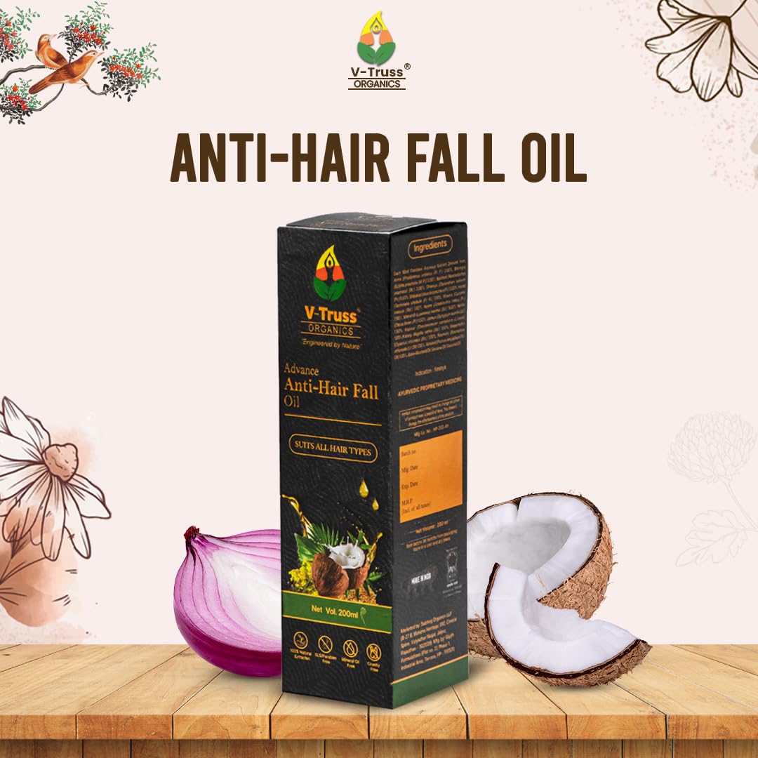 V-Truss Organics Advanced Anti Hair Fall Oil - 200ml | Natural Hair Growth Treatment for Men & Women | Stops Hair Loss & Promotes Thicker Hair | Perfect for Daily Scalp Massage & Overnight Hair Care