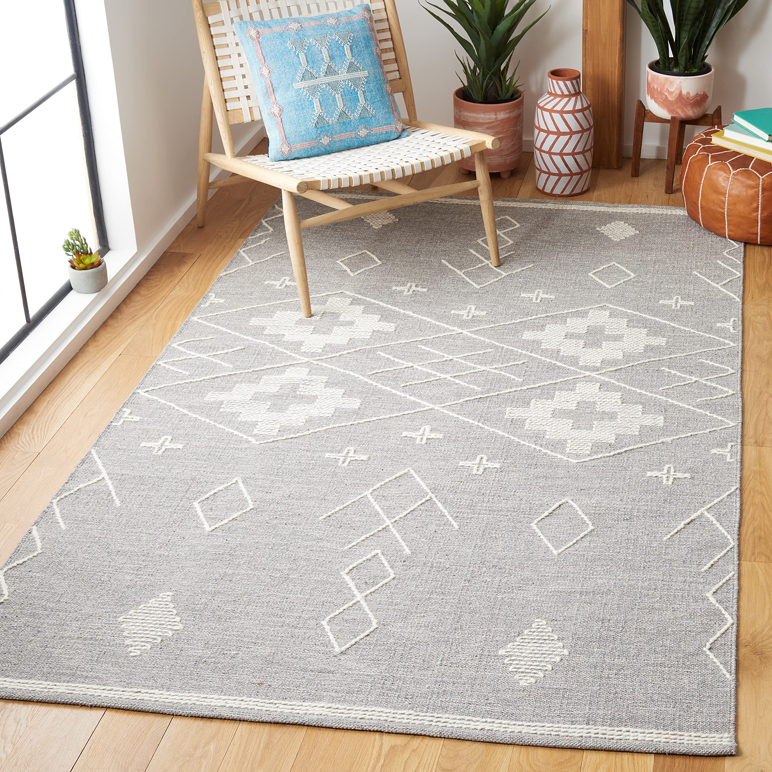 SAFAVIEH Kilim Collection 6'x6' Square Grey Ivory Handmade Cotton Area Rug - Perfect for Living Room, Dining Room & Bedroom Decor