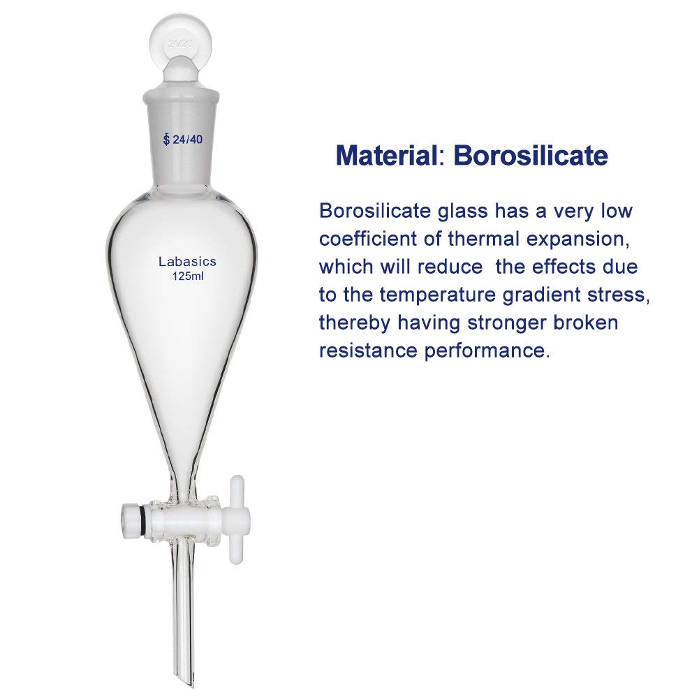 Labasics 125ml Borosilicate Glass Conical Separatory Funnel with PTFE Stopcock - 125mL Lab Equipment for Chemical Extraction, Liquid Separation & Organic Chemistry Experiments