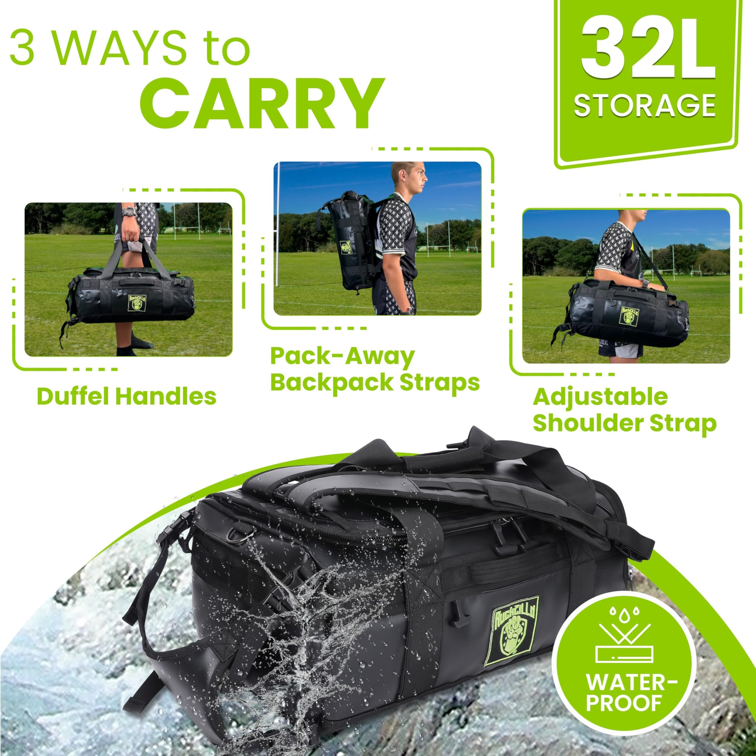 **32L Rugby Duffel Bag - Water-Resistant, 3-Way Carry, Adjustable Ball Carrier & Laptop Compartment - Durable Sports & Travel Backpack for Men (Black) - Perfect for Rugby, Gym, and Weekend Getaways**